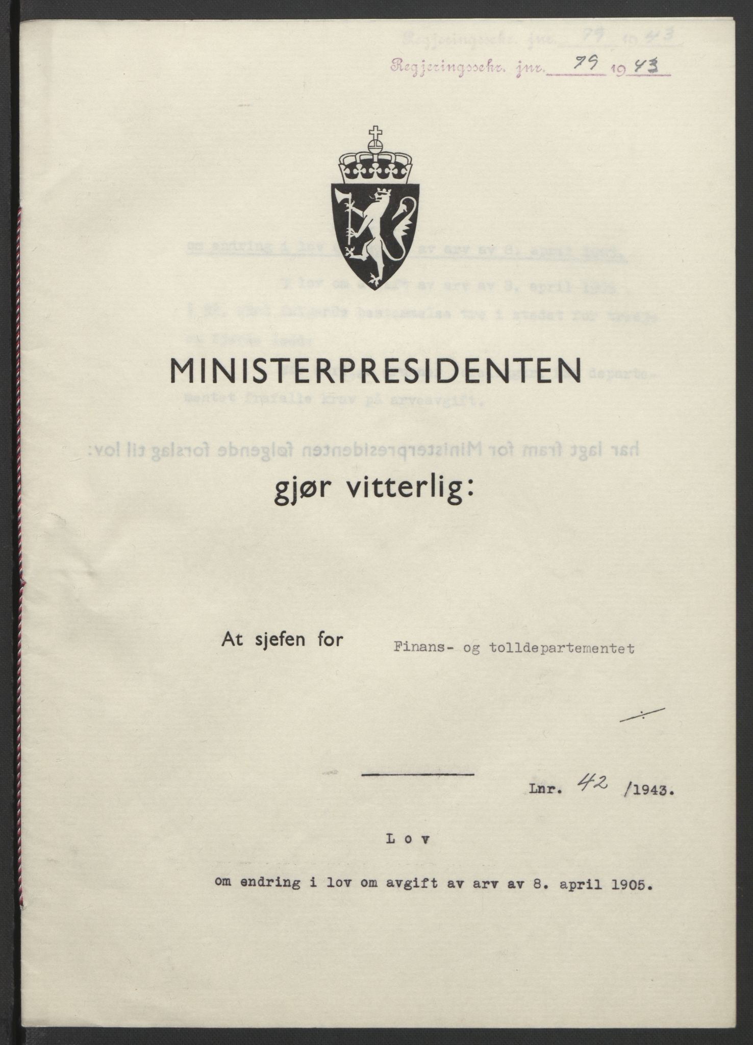 NS-administrasjonen 1940-1945 (Statsrådsekretariatet, de kommisariske statsråder mm), RA/S-4279/D/Db/L0099: Lover, 1943, p. 184