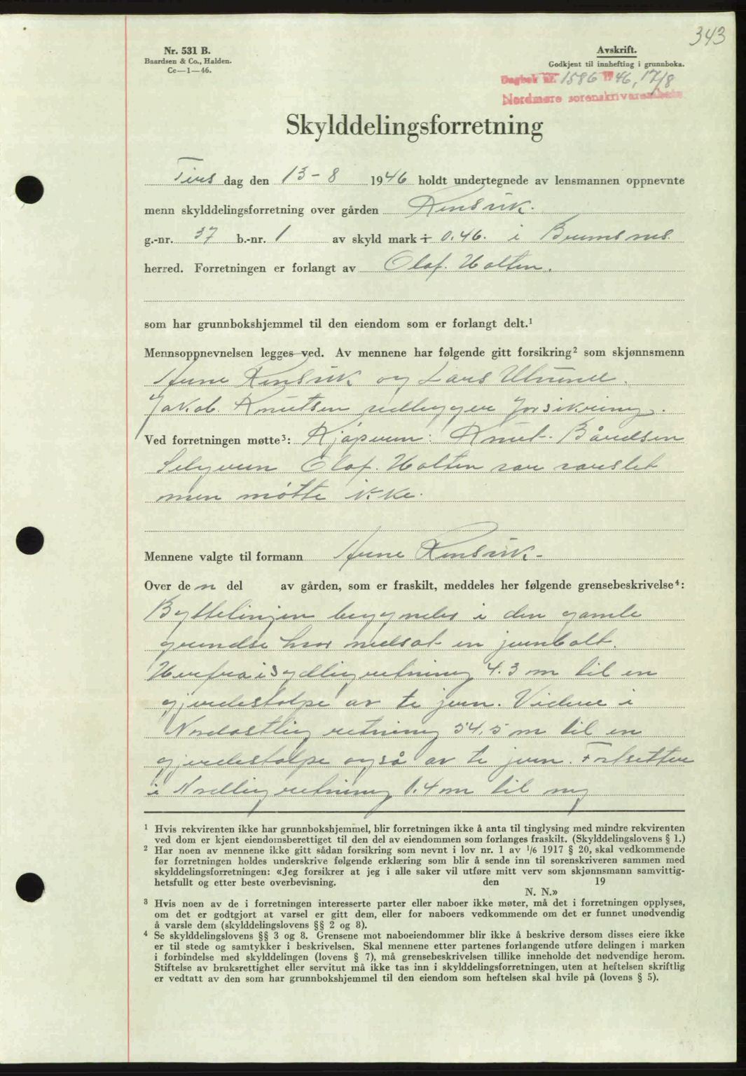 Nordmøre sorenskriveri, AV/SAT-A-4132/1/2/2Ca: Mortgage book no. A102, 1946-1946, Diary no: : 1586/1946