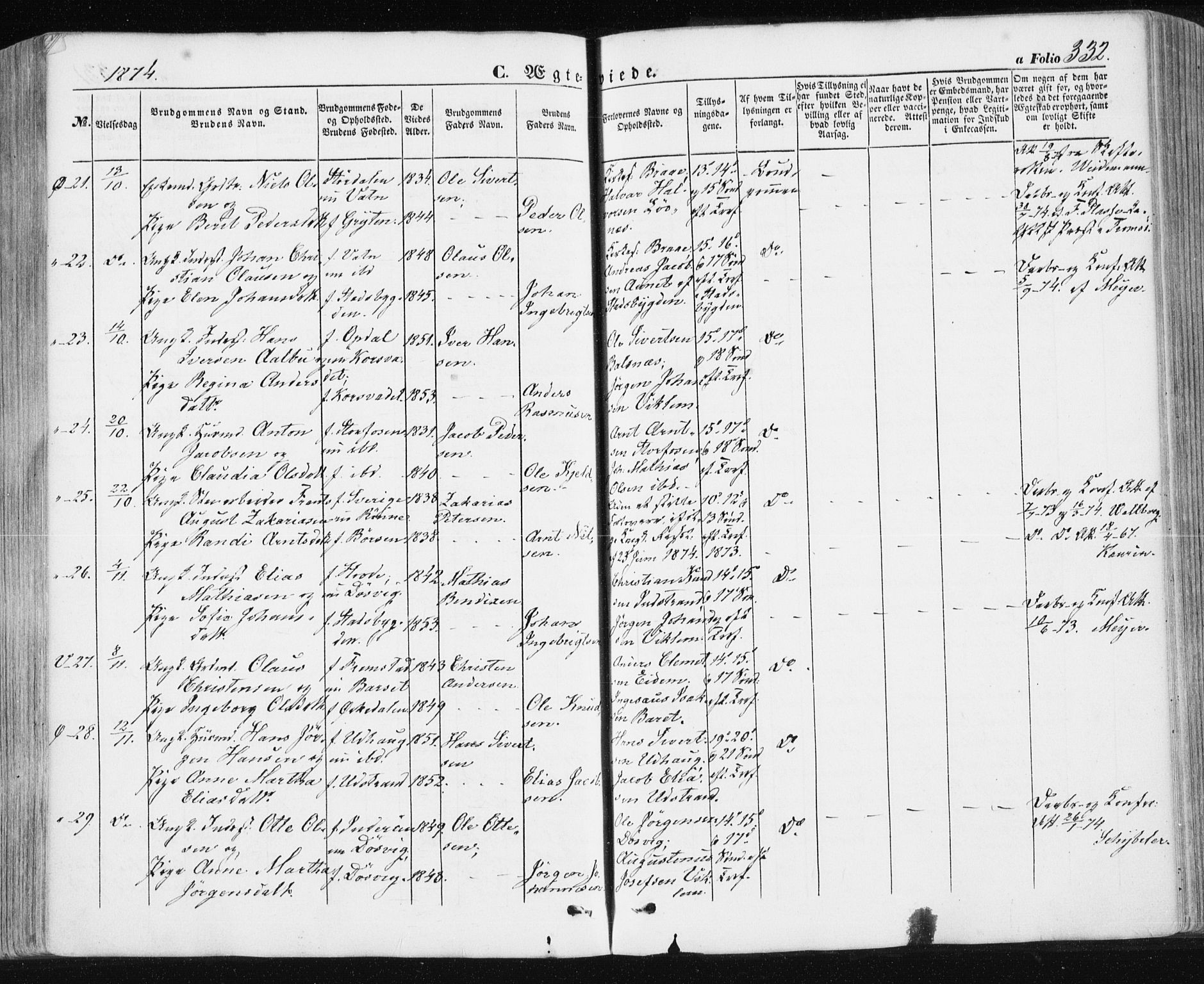 Ministerialprotokoller, klokkerbøker og fødselsregistre - Sør-Trøndelag, SAT/A-1456/659/L0737: Parish register (official) no. 659A07, 1857-1875, p. 332
