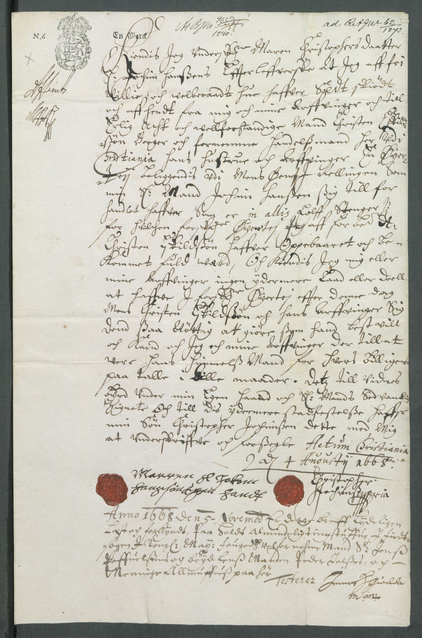 Riksarkivets diplomsamling, AV/RA-EA-5965/F02/L0171: Dokumenter, 1667-1670, p. 137