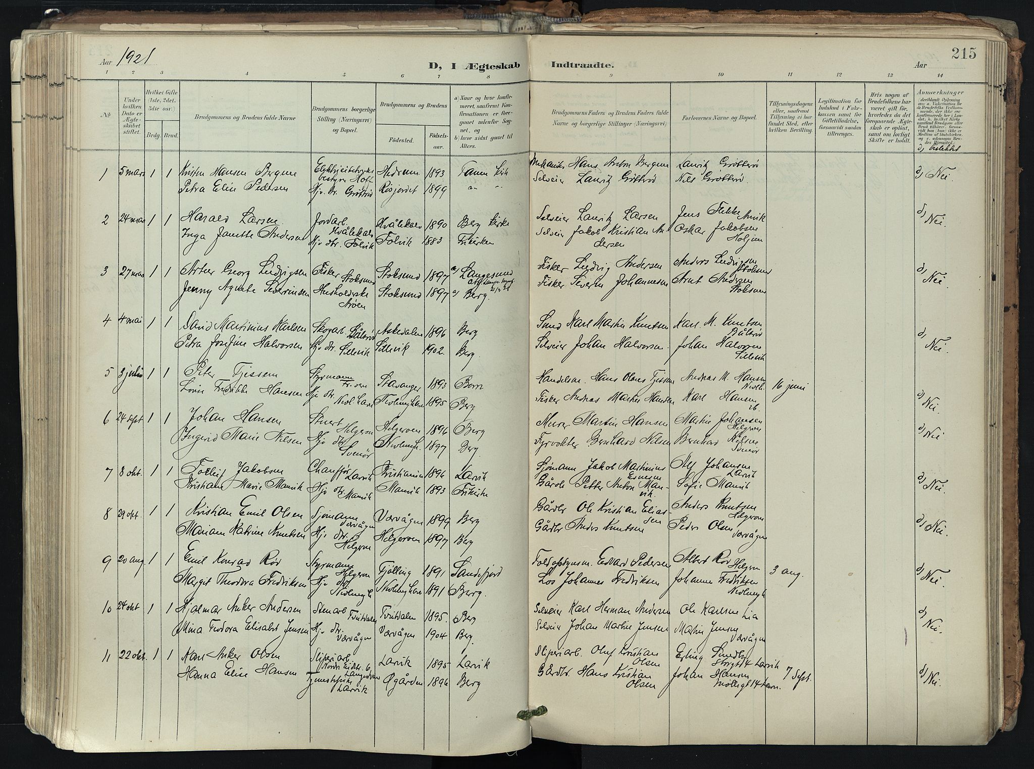 Brunlanes kirkebøker, AV/SAKO-A-342/F/Fb/L0003: Parish register (official) no. II 3, 1900-1922, p. 215