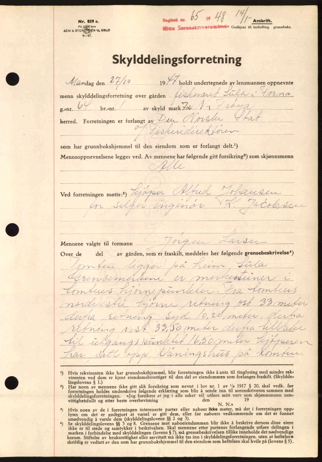 Hitra sorenskriveri, AV/SAT-A-0018/2/2C/2Ca: Mortgage book no. A5, 1947-1948, Diary no: : 65/1948