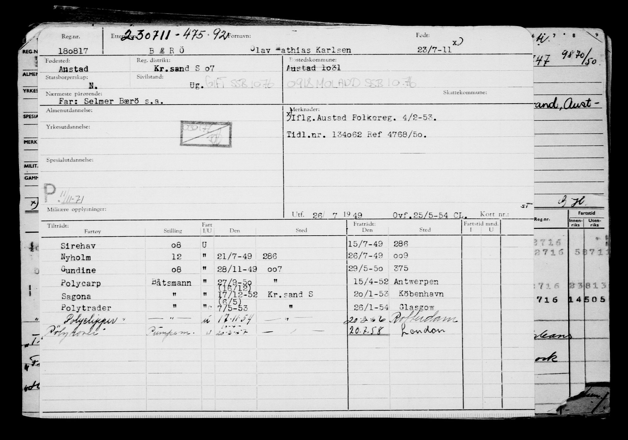 Direktoratet for sjømenn, RA/S-3545/G/Gb/L0098: Hovedkort, 1911, p. 429