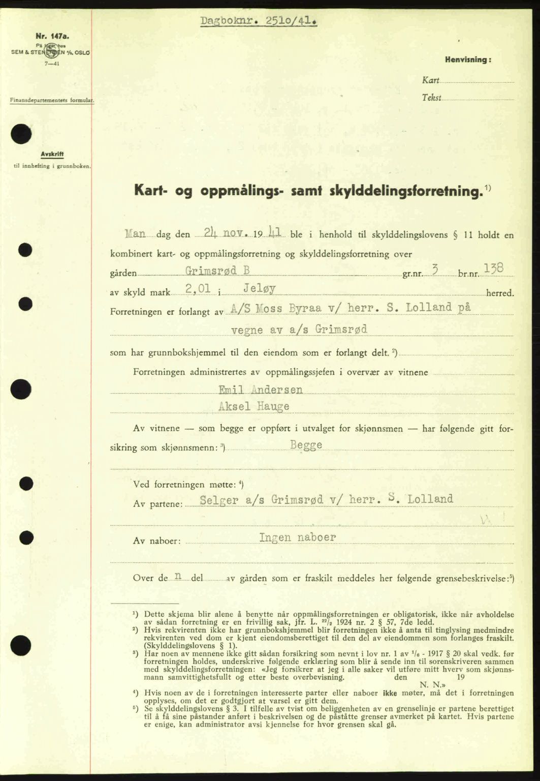 Moss sorenskriveri, SAO/A-10168: Mortgage book no. A9, 1941-1942, Diary no: : 2510/1941