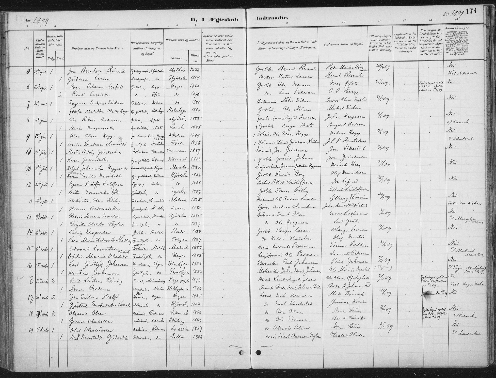 Ministerialprotokoller, klokkerbøker og fødselsregistre - Nord-Trøndelag, SAT/A-1458/709/L0082: Parish register (official) no. 709A22, 1896-1916, p. 174