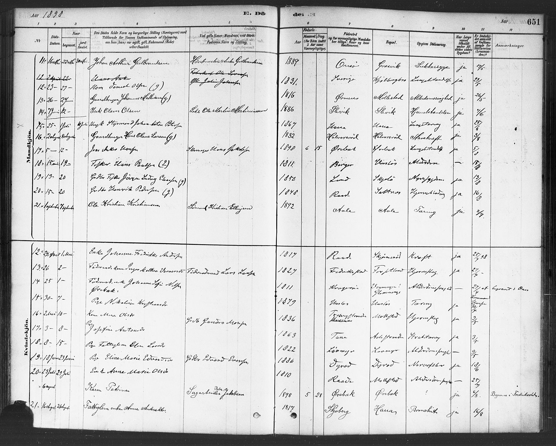 Onsøy prestekontor Kirkebøker, AV/SAO-A-10914/F/Fa/L0006: Parish register (official) no. I 6, 1878-1898, p. 651