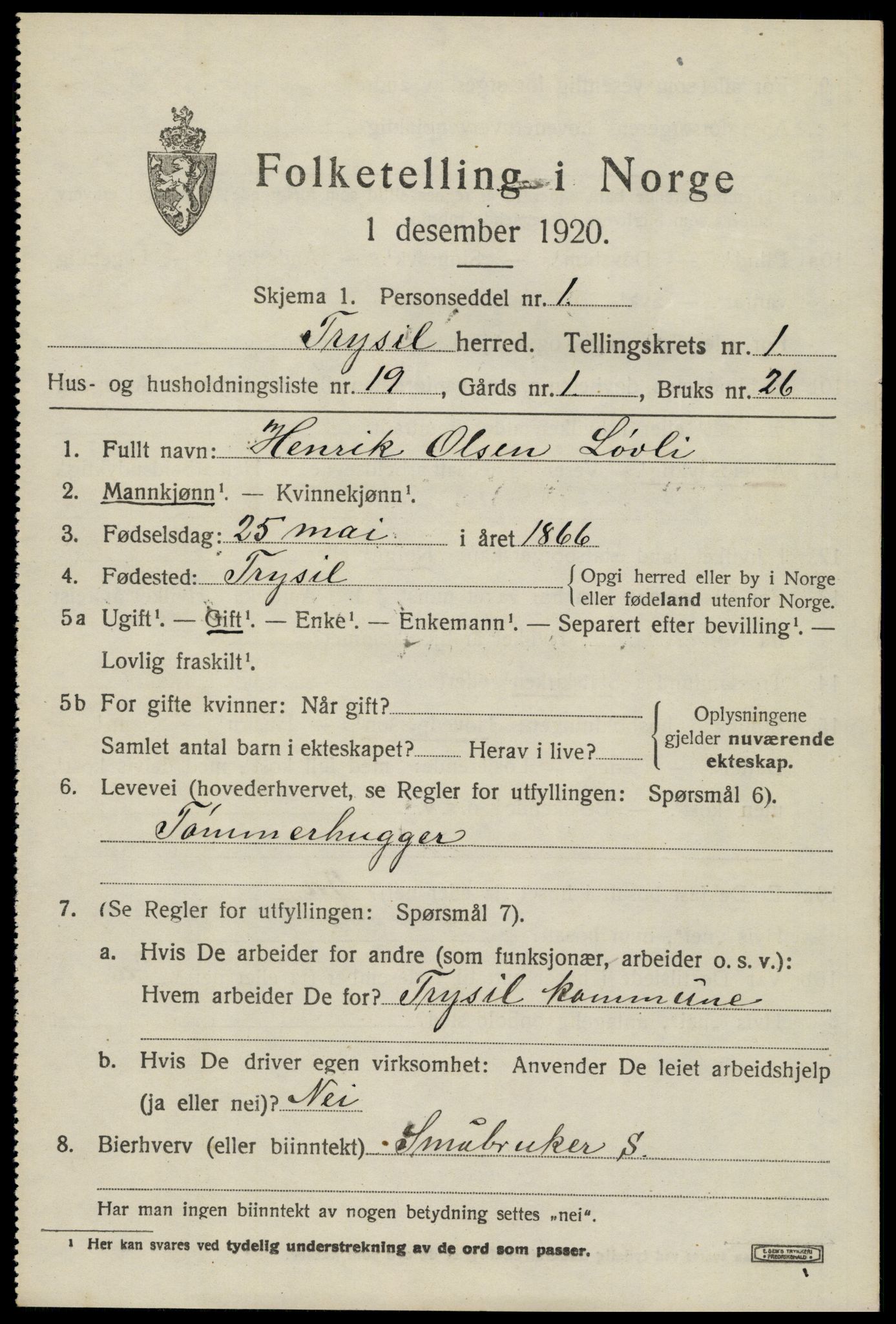 SAH, 1920 census for Trysil, 1920, p. 2775