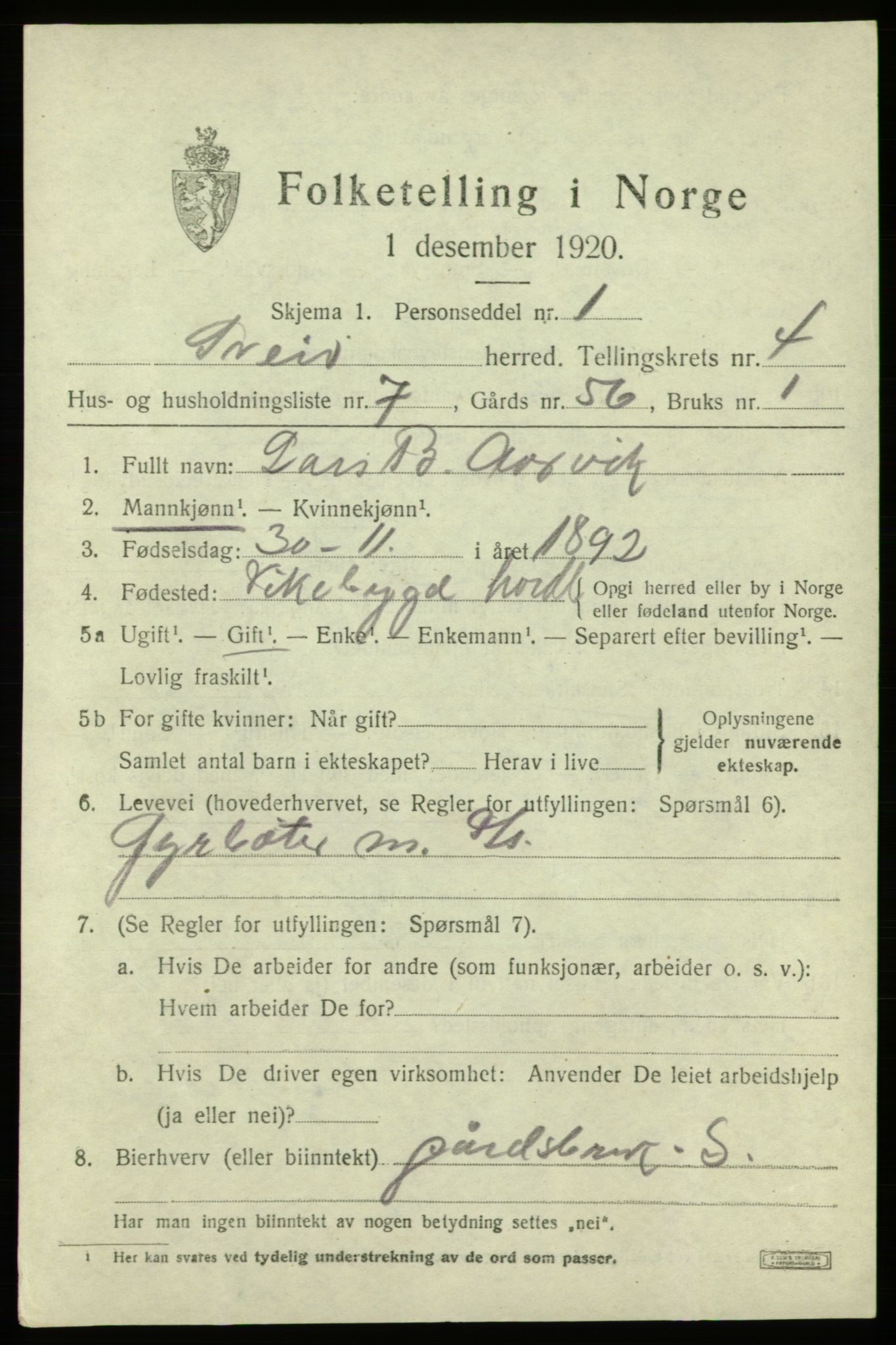 SAB, 1920 census for Sveio, 1920, p. 2084