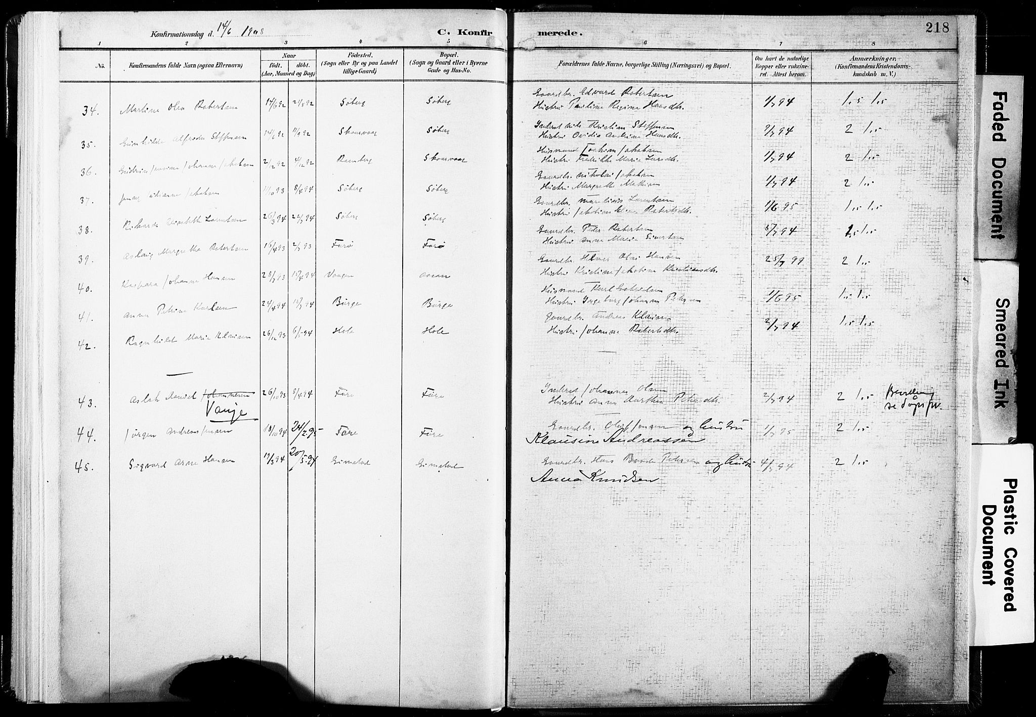 Ministerialprotokoller, klokkerbøker og fødselsregistre - Nordland, AV/SAT-A-1459/891/L1304: Parish register (official) no. 891A09, 1895-1921, p. 218