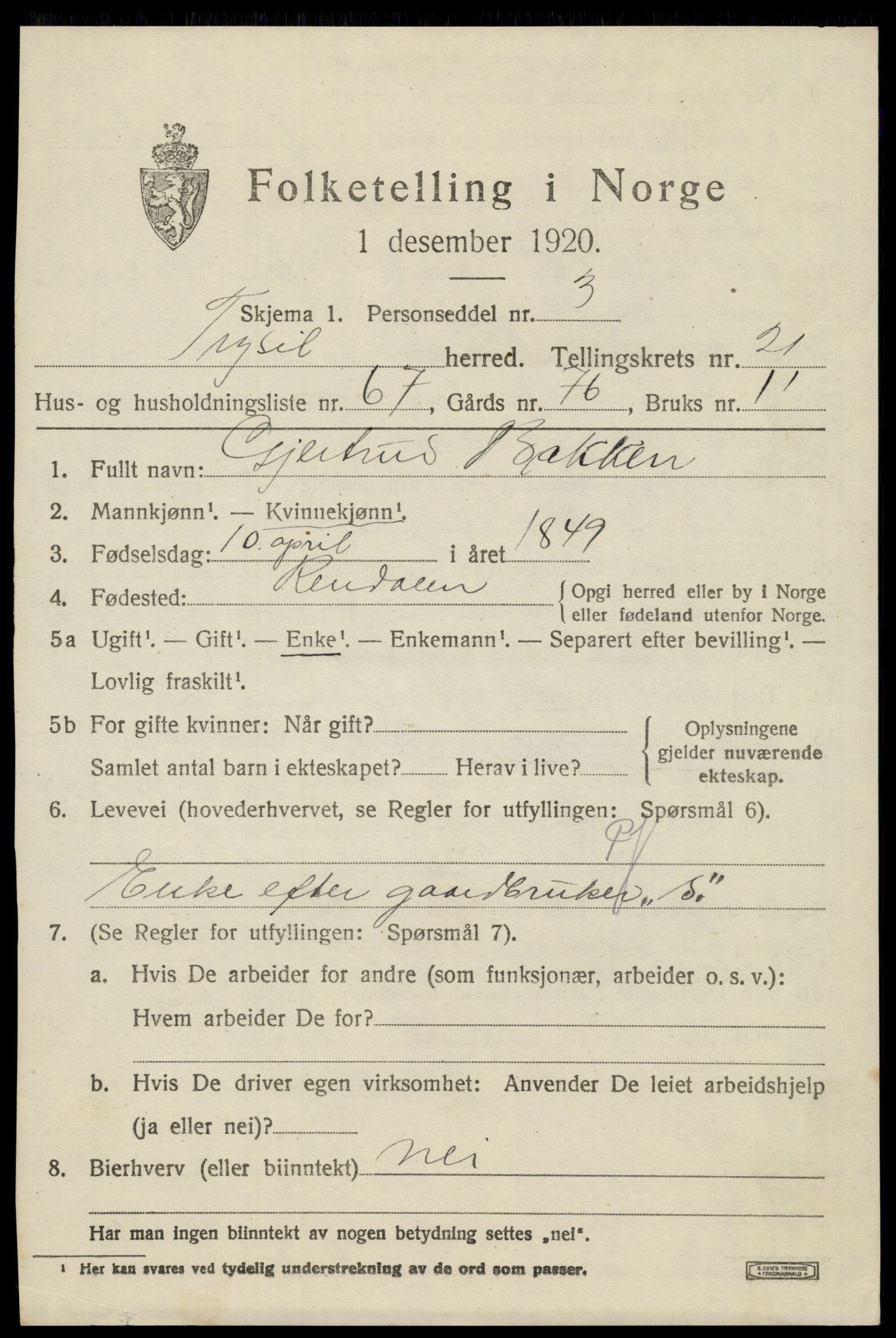 SAH, 1920 census for Trysil, 1920, p. 14561