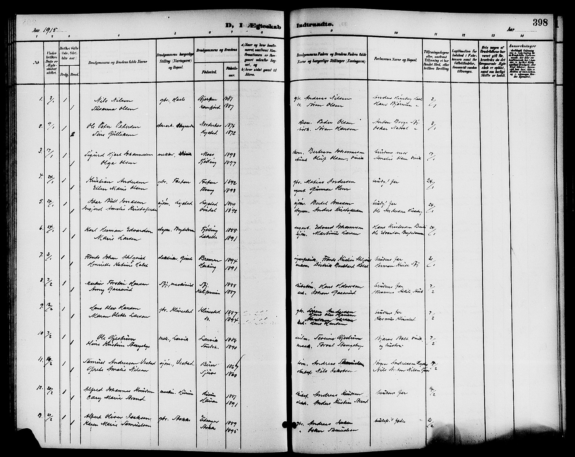 Sandar kirkebøker, SAKO/A-243/G/Ga/L0002: Parish register (copy) no. 2, 1900-1915, p. 398