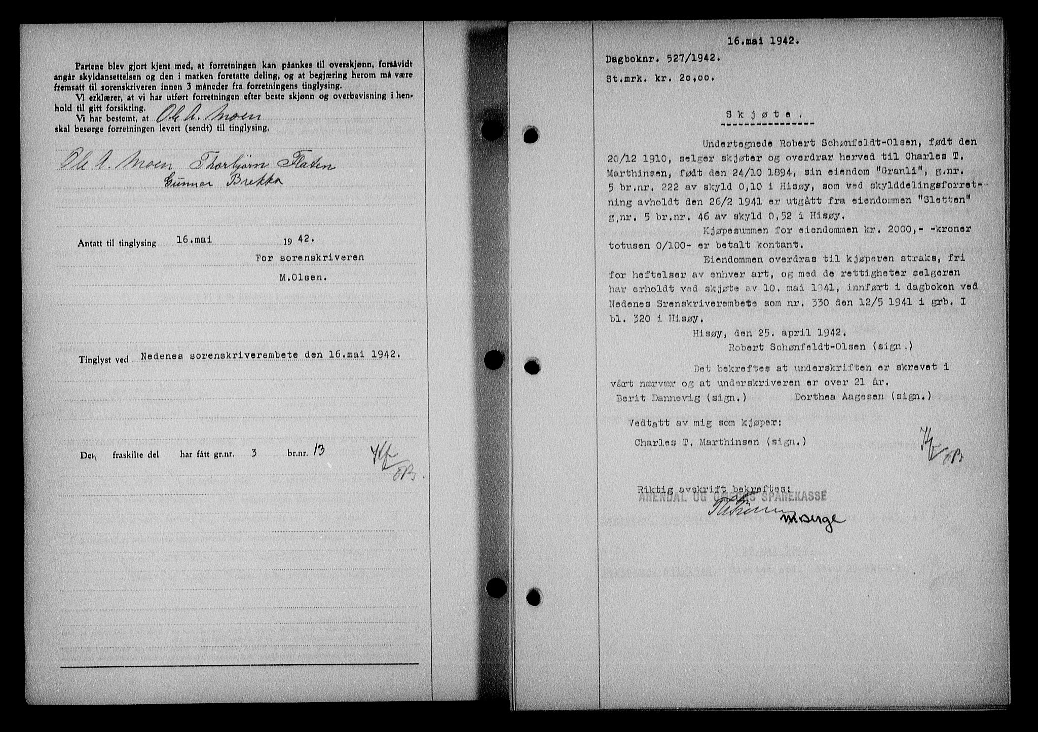 Nedenes sorenskriveri, AV/SAK-1221-0006/G/Gb/Gba/L0049: Mortgage book no. A-III, 1941-1942, Diary no: : 527/1942