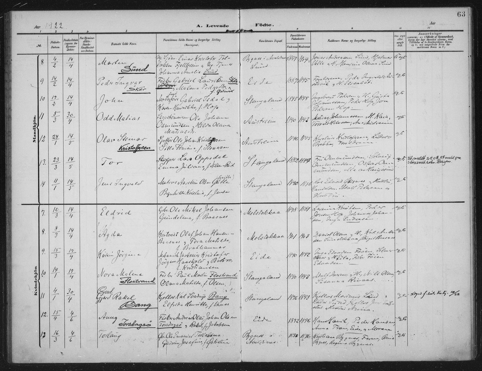 Kopervik sokneprestkontor, SAST/A-101850/H/Ha/Haa/L0003: Parish register (official) no. A 3, 1906-1924, p. 63