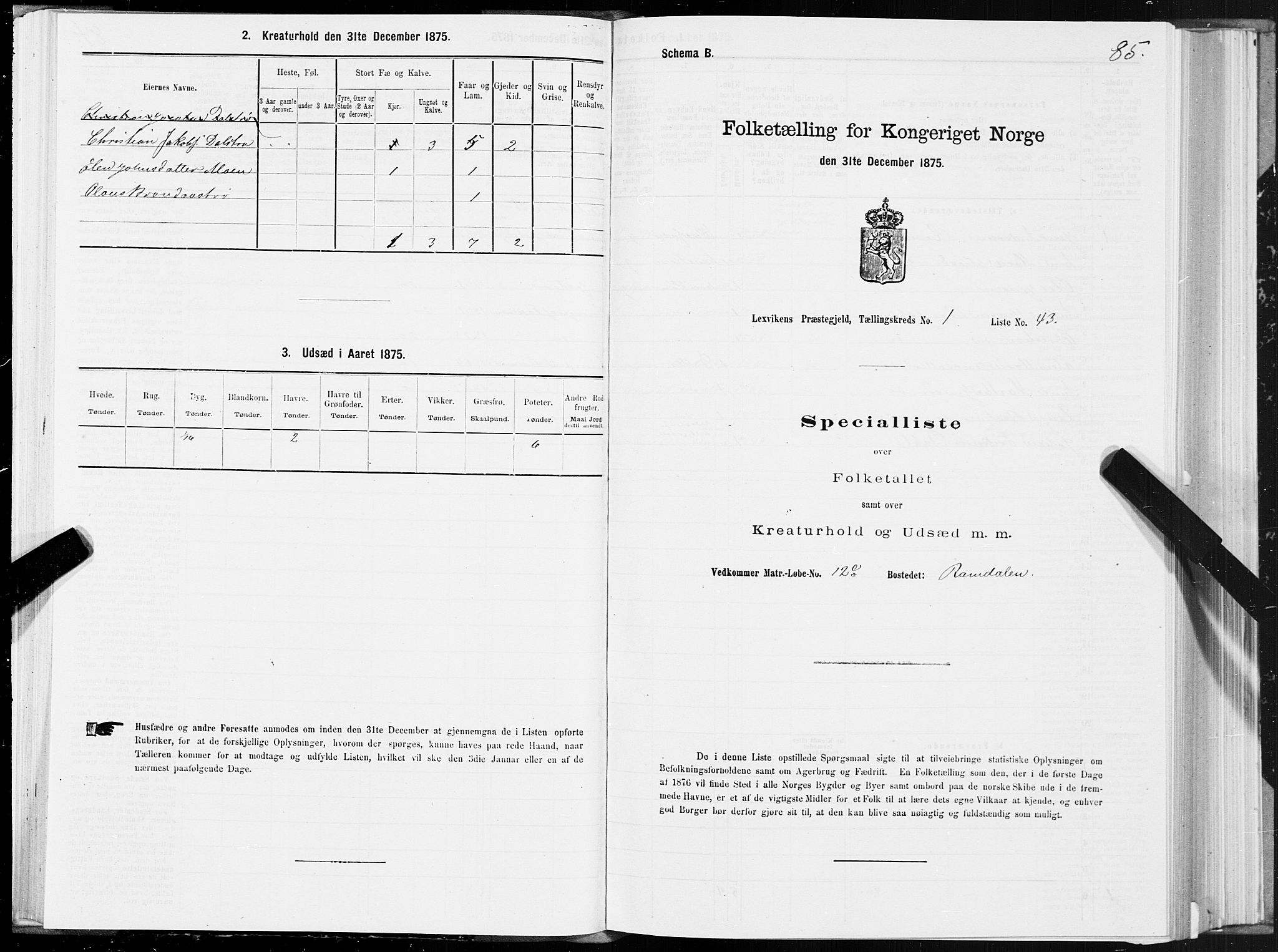 SAT, 1875 census for 1718P Leksvik, 1875, p. 1085