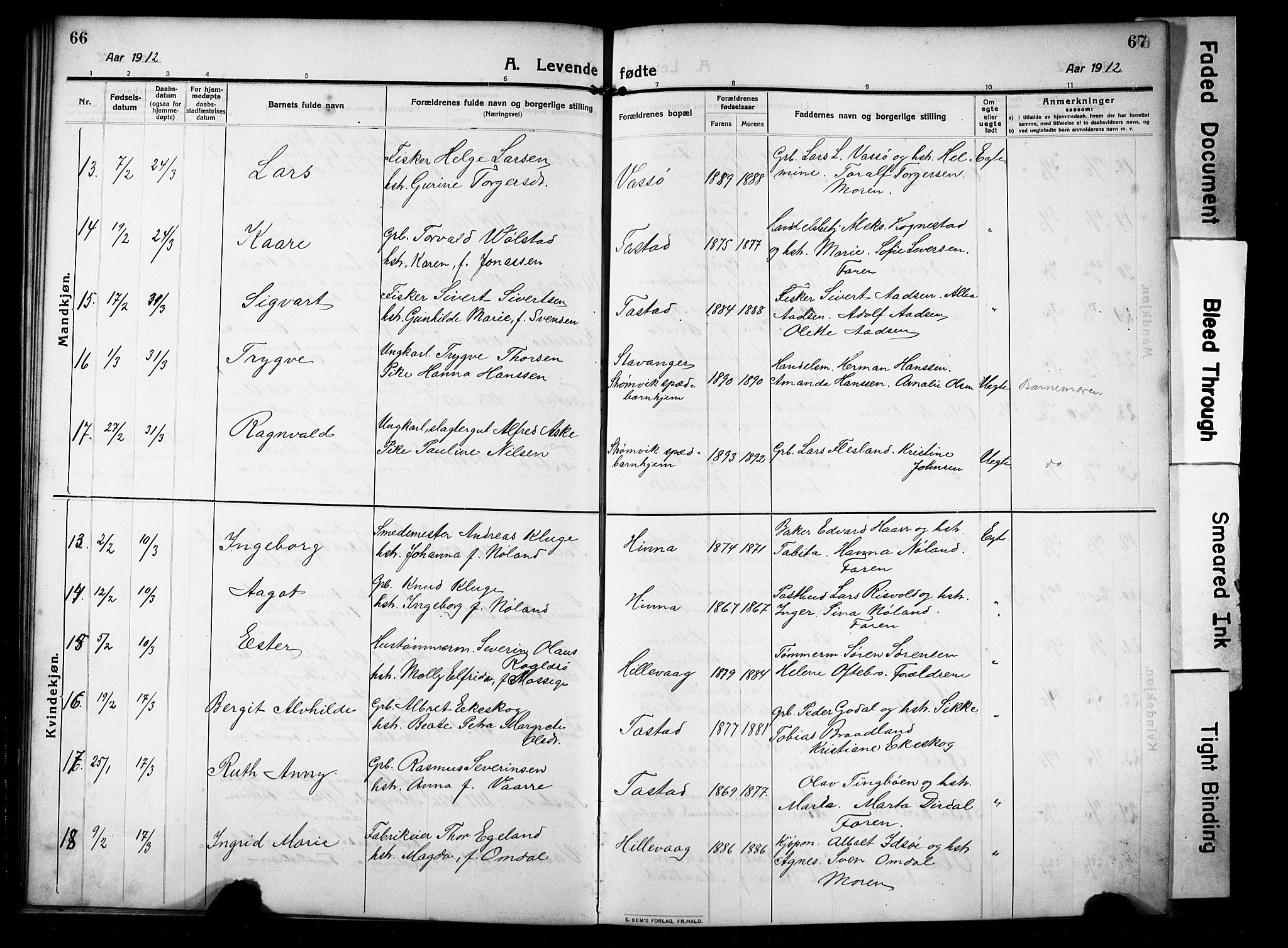 Hetland sokneprestkontor, SAST/A-101826/30/30BB/L0008: Parish register (copy) no. B 8, 1910-1921, p. 66-67