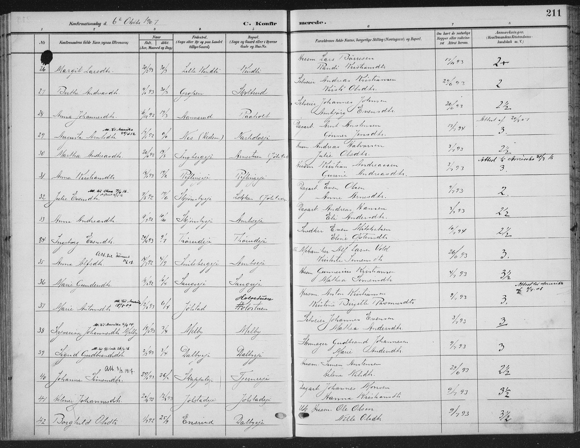 Ringsaker prestekontor, AV/SAH-PREST-014/K/Ka/L0018: Parish register (official) no. 18, 1903-1912, p. 211