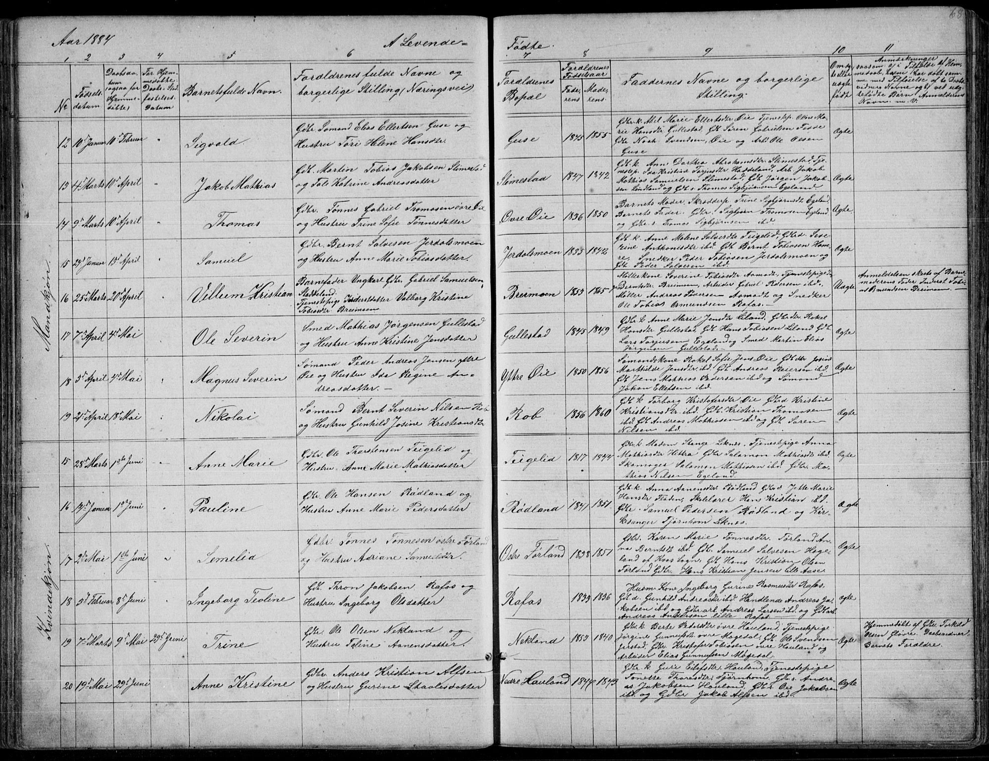 Kvinesdal sokneprestkontor, AV/SAK-1111-0026/F/Fb/Fbb/L0002: Parish register (copy) no. B 2, 1873-1897, p. 68