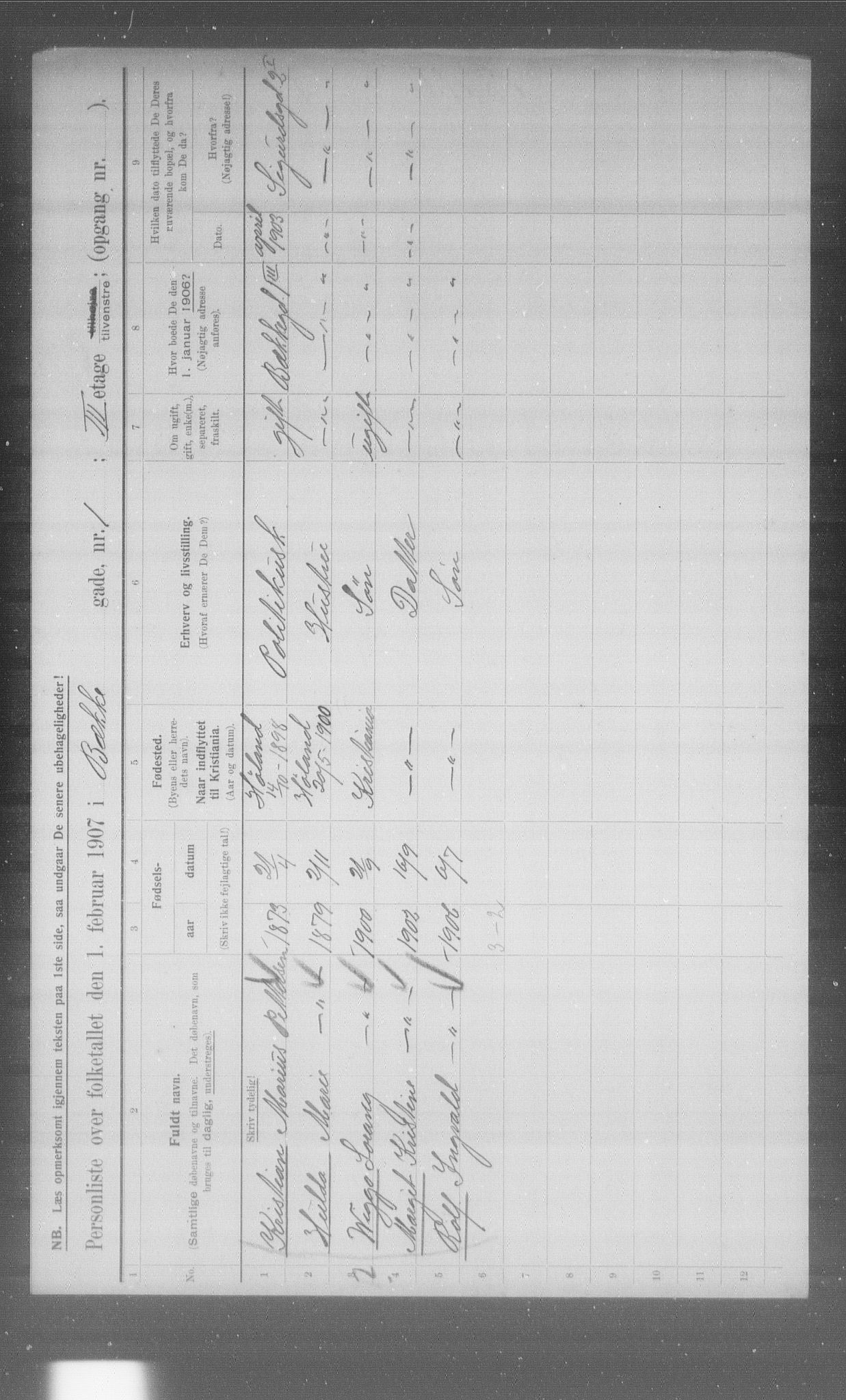 OBA, Municipal Census 1907 for Kristiania, 1907, p. 1847