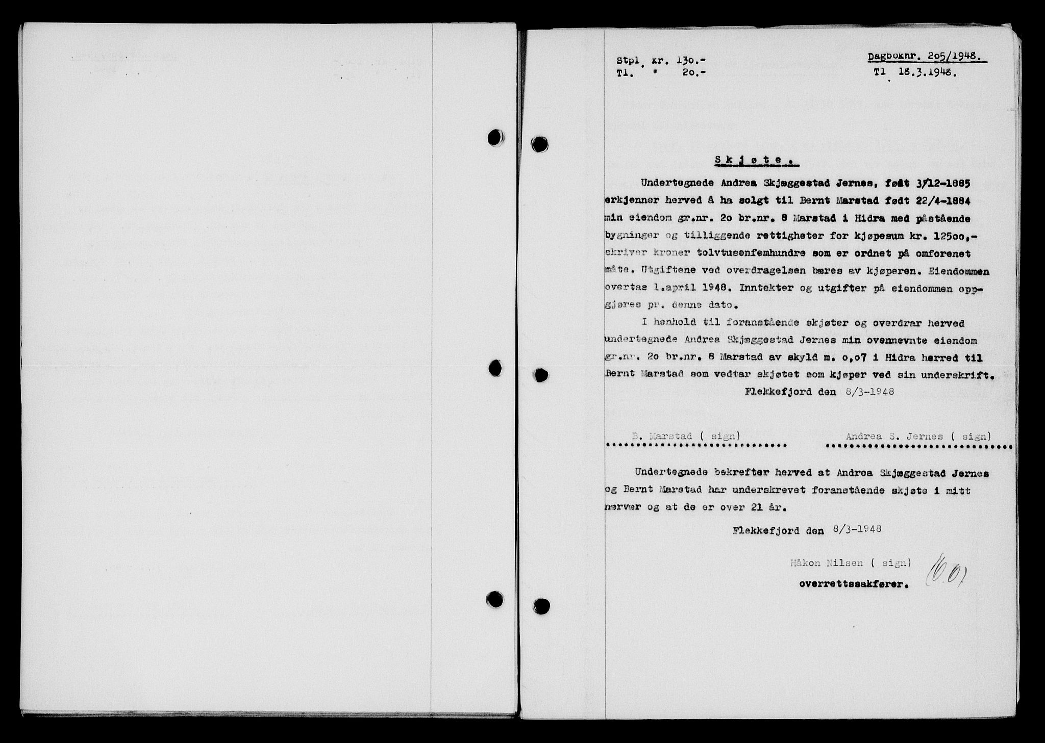 Flekkefjord sorenskriveri, SAK/1221-0001/G/Gb/Gba/L0063: Mortgage book no. A-11, 1947-1948, Diary no: : 205/1948