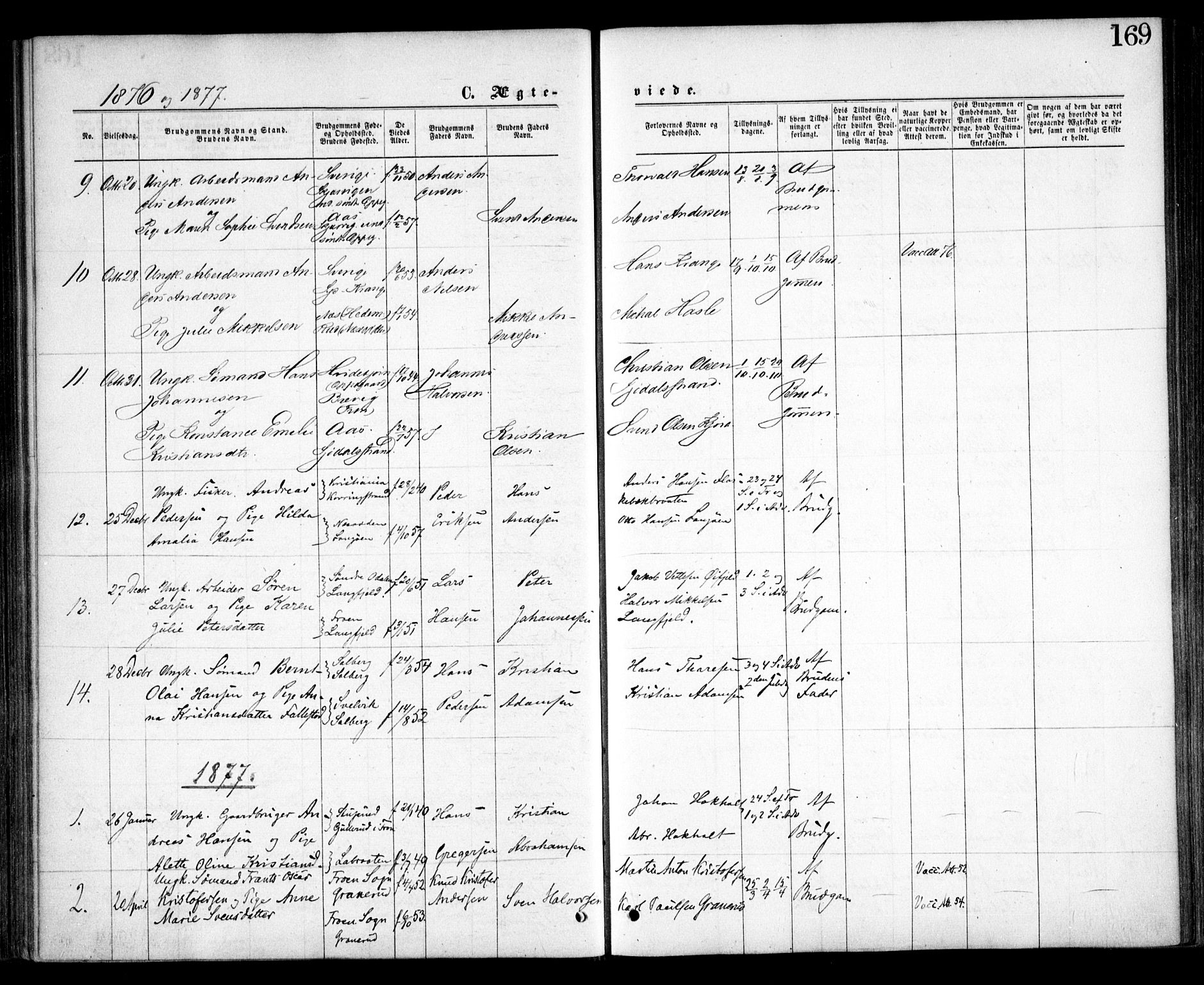 Nesodden prestekontor Kirkebøker, SAO/A-10013/F/Fa/L0008: Parish register (official) no. I 8, 1869-1879, p. 169