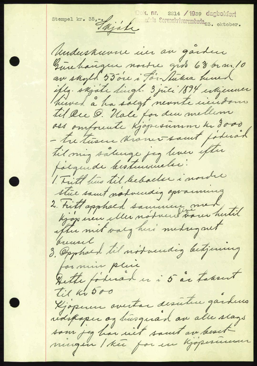 Romsdal sorenskriveri, AV/SAT-A-4149/1/2/2C: Mortgage book no. A7, 1939-1939, Diary no: : 2214/1939