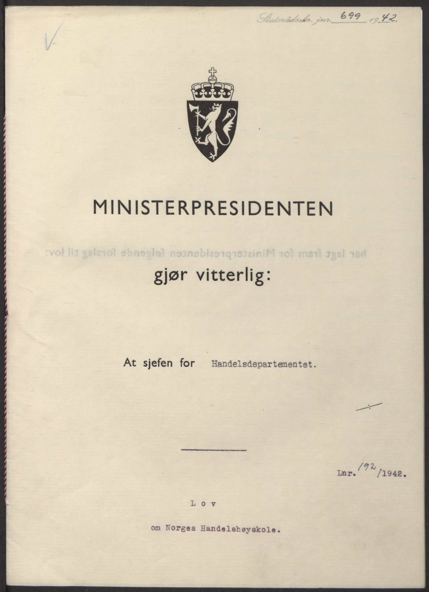 NS-administrasjonen 1940-1945 (Statsrådsekretariatet, de kommisariske statsråder mm), RA/S-4279/D/Db/L0098: Lover II, 1942, p. 374