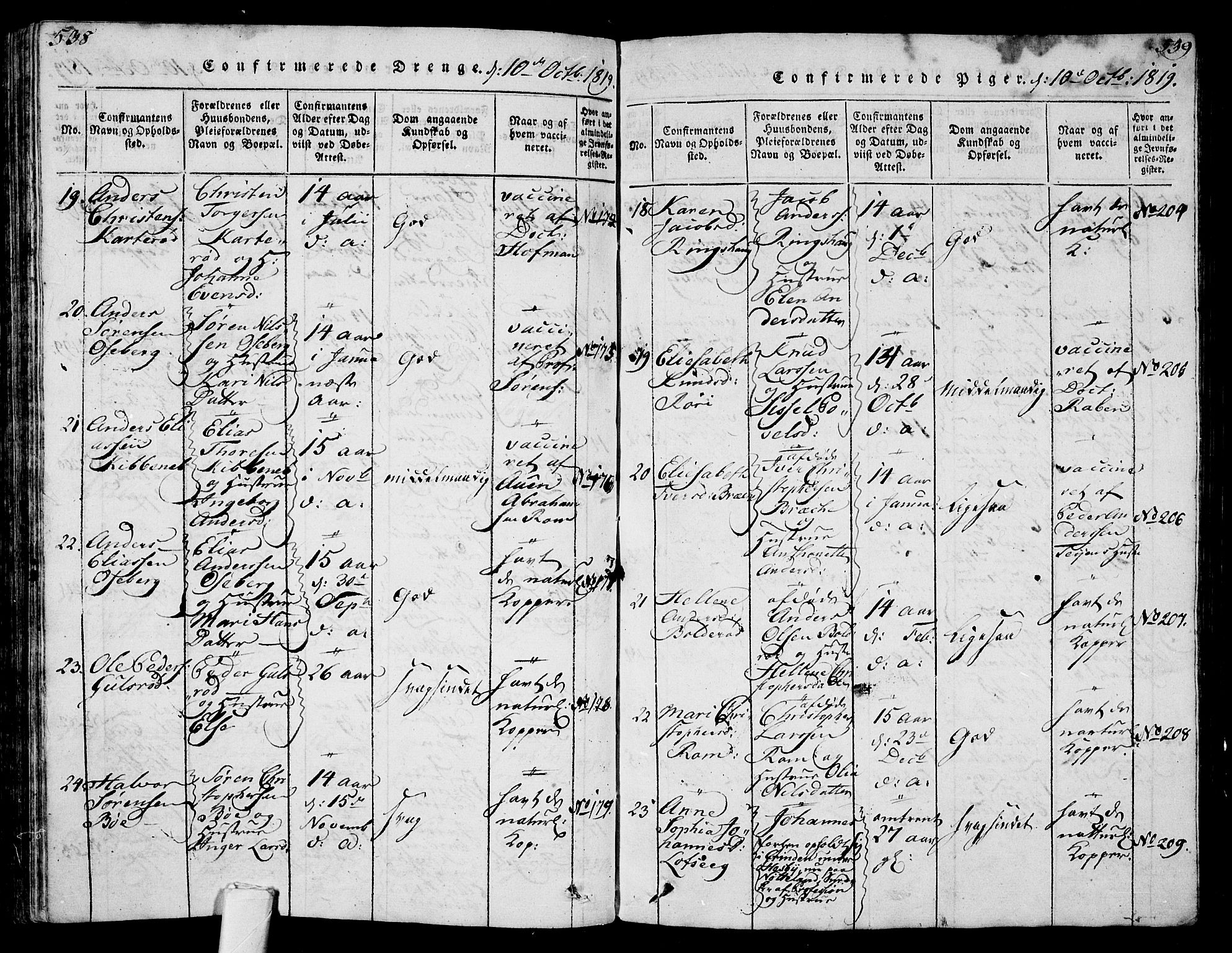 Sem kirkebøker, AV/SAKO-A-5/G/Ga/L0001: Parish register (copy) no. I 1, 1814-1825, p. 538-539