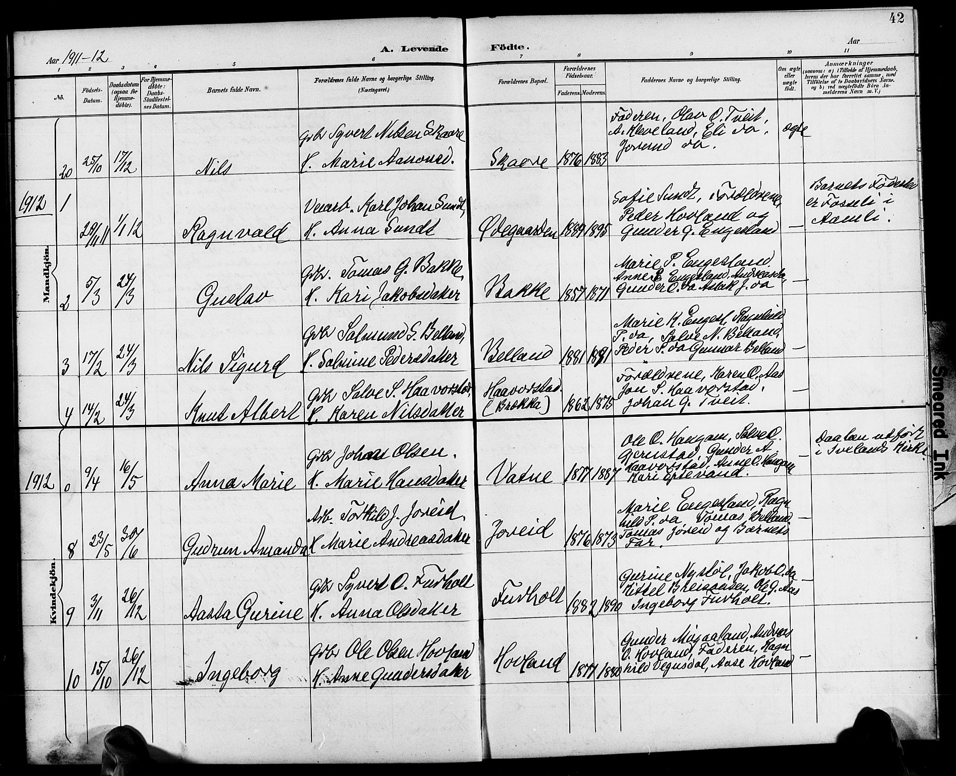 Herefoss sokneprestkontor, AV/SAK-1111-0019/F/Fb/Fbb/L0003: Parish register (copy) no. B 3, 1892-1917, p. 42