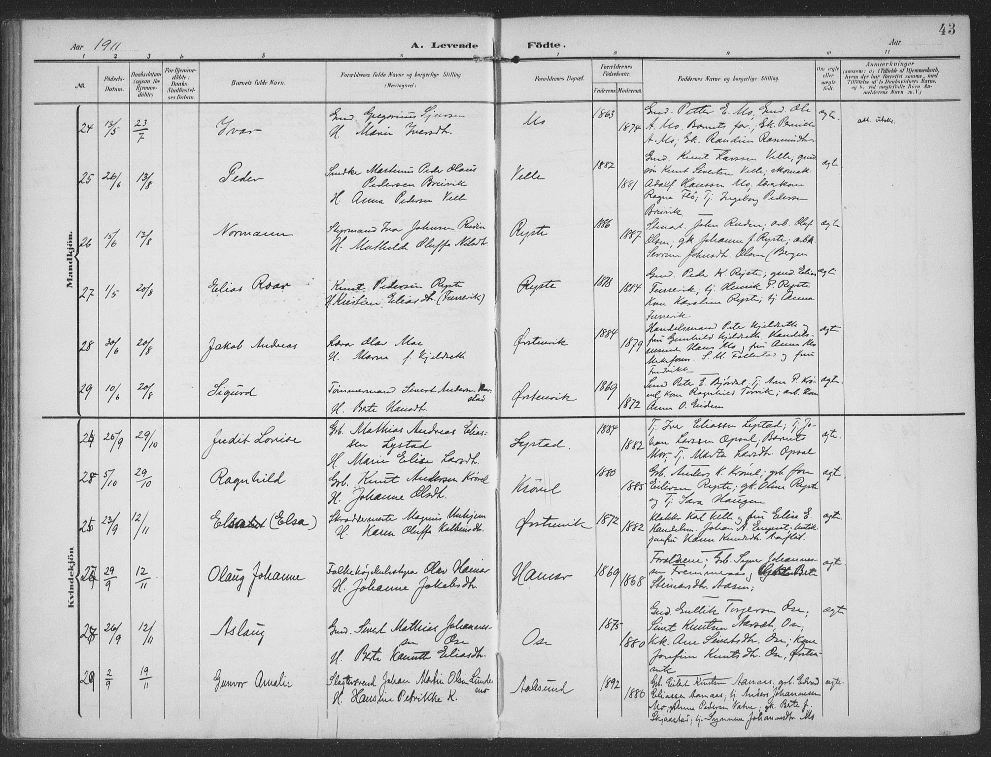 Ministerialprotokoller, klokkerbøker og fødselsregistre - Møre og Romsdal, SAT/A-1454/513/L0178: Parish register (official) no. 513A05, 1906-1919, p. 43