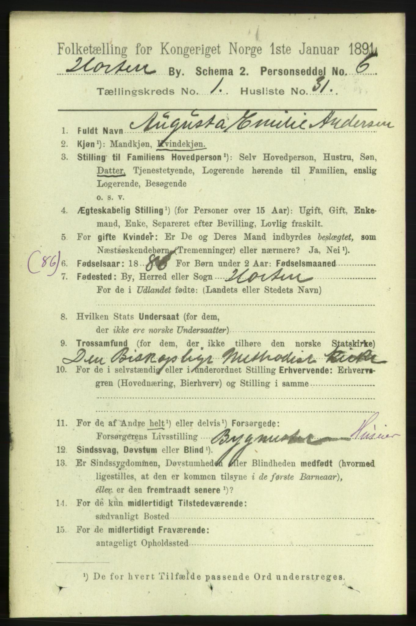 RA, 1891 census for 0703 Horten, 1891, p. 1825
