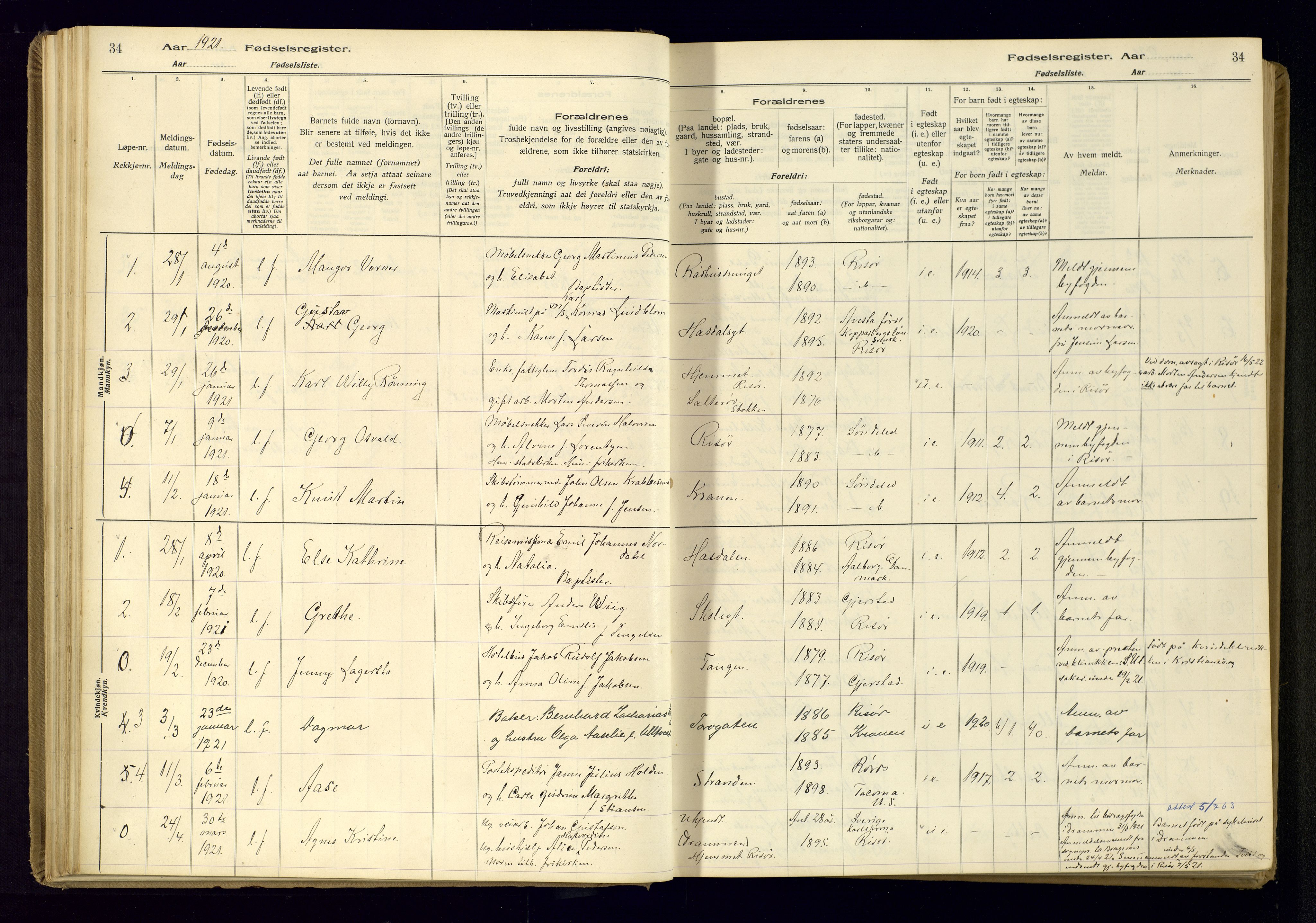 Risør sokneprestkontor, AV/SAK-1111-0035/J/Ja/L0001: Birth register no. A-VI-13, 1916-1947, p. 34