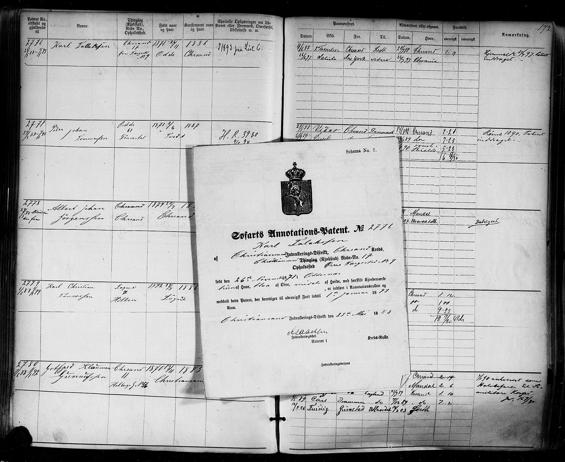 Kristiansand mønstringskrets, SAK/2031-0015/F/Fa/L0006: Annotasjonsrulle nr 1921-3830 med register, I-4, 1880-1917, p. 215