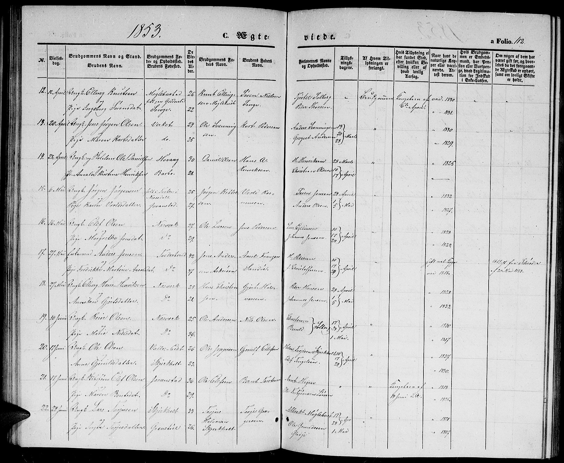 Holt sokneprestkontor, SAK/1111-0021/F/Fb/L0007: Parish register (copy) no. B 7, 1849-1858, p. 112