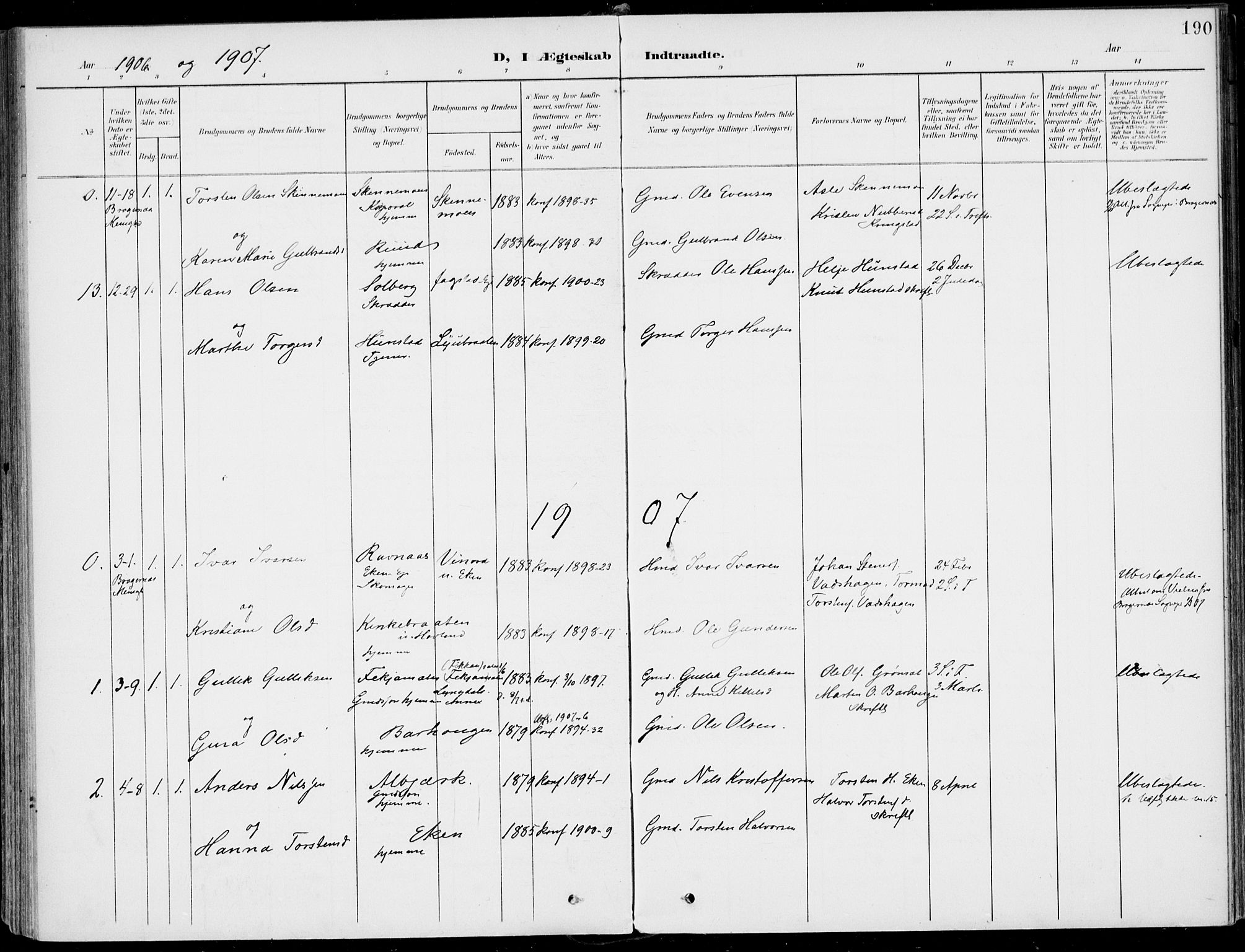 Sigdal kirkebøker, SAKO/A-245/F/Fb/L0002: Parish register (official) no. II 2, 1901-1914, p. 190