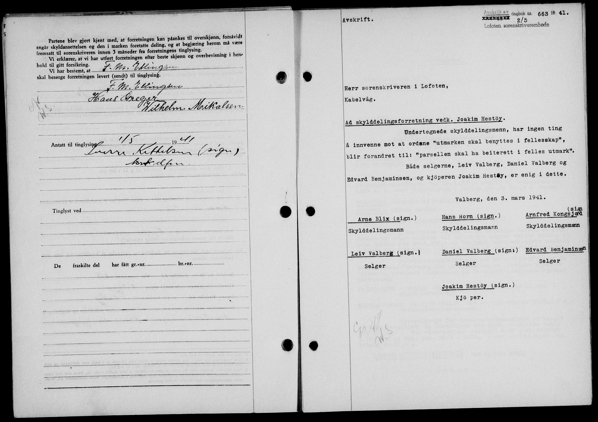 Lofoten sorenskriveri, SAT/A-0017/1/2/2C/L0008a: Mortgage book no. 8a, 1940-1941, Diary no: : 663/1941