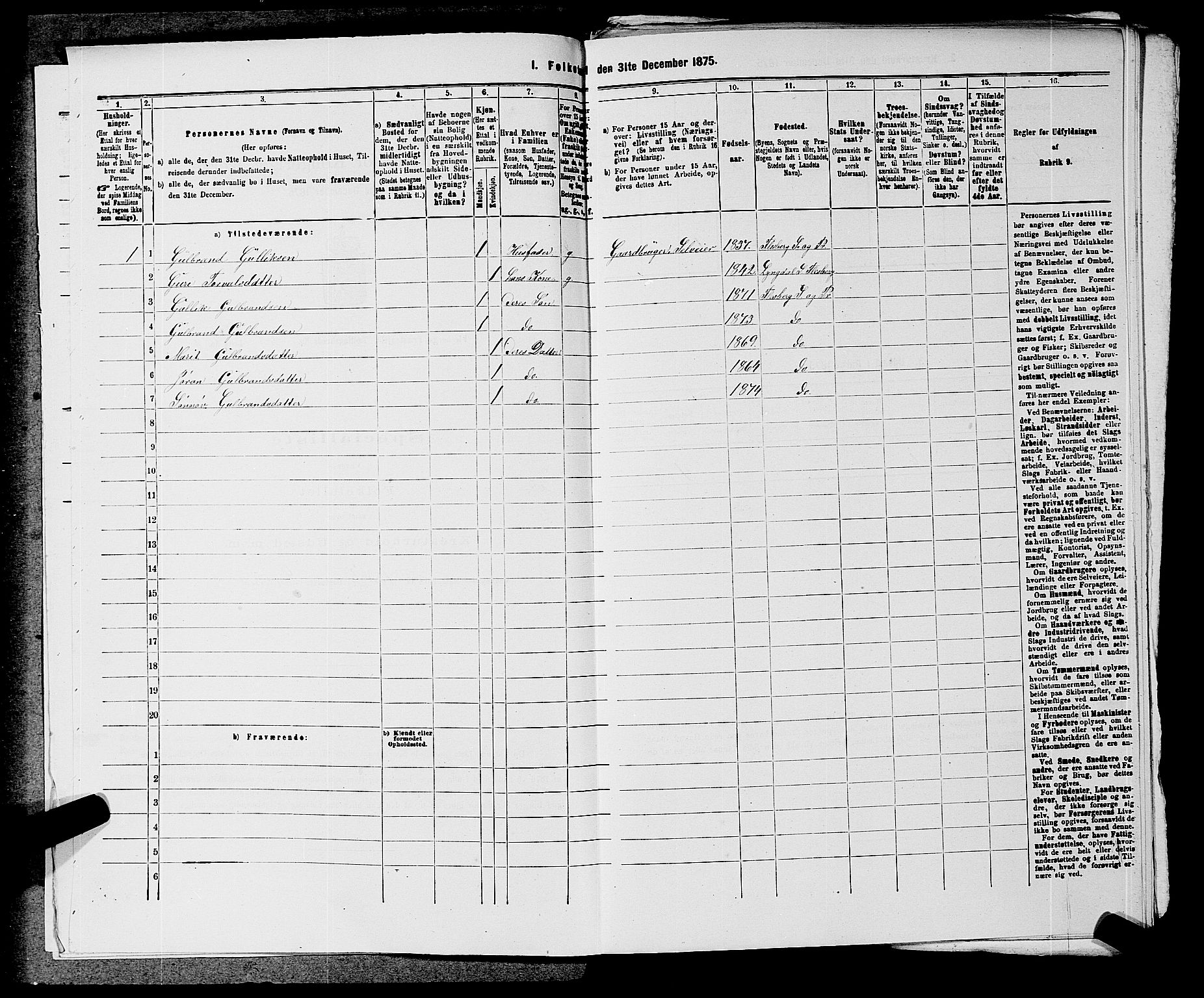 SAKO, 1875 census for 0631P Flesberg, 1875, p. 465