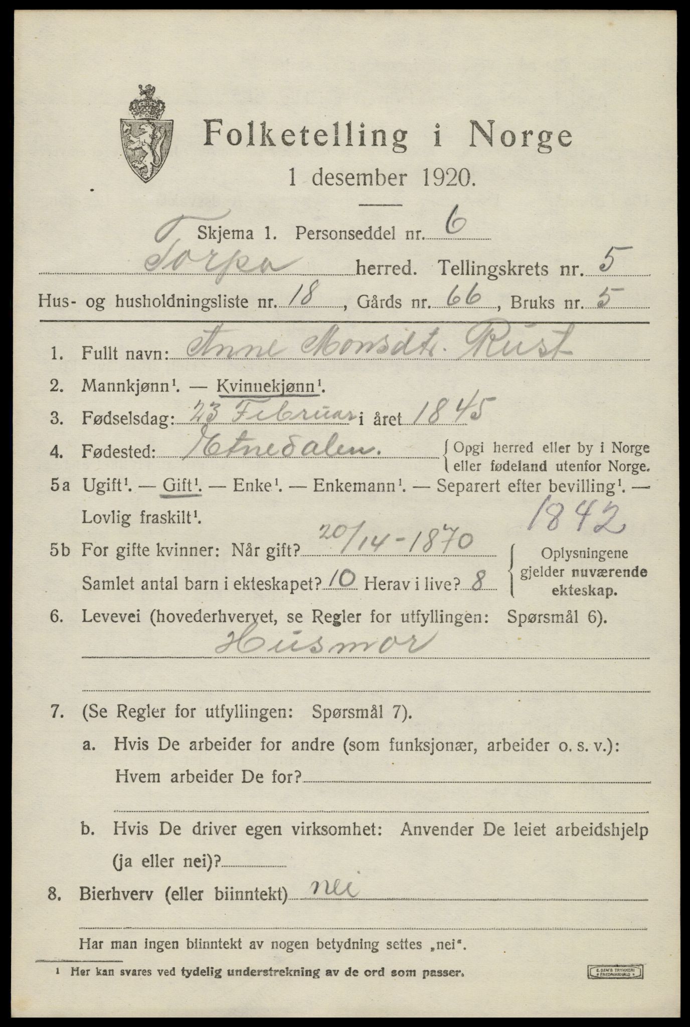SAH, 1920 census for Torpa, 1920, p. 3689