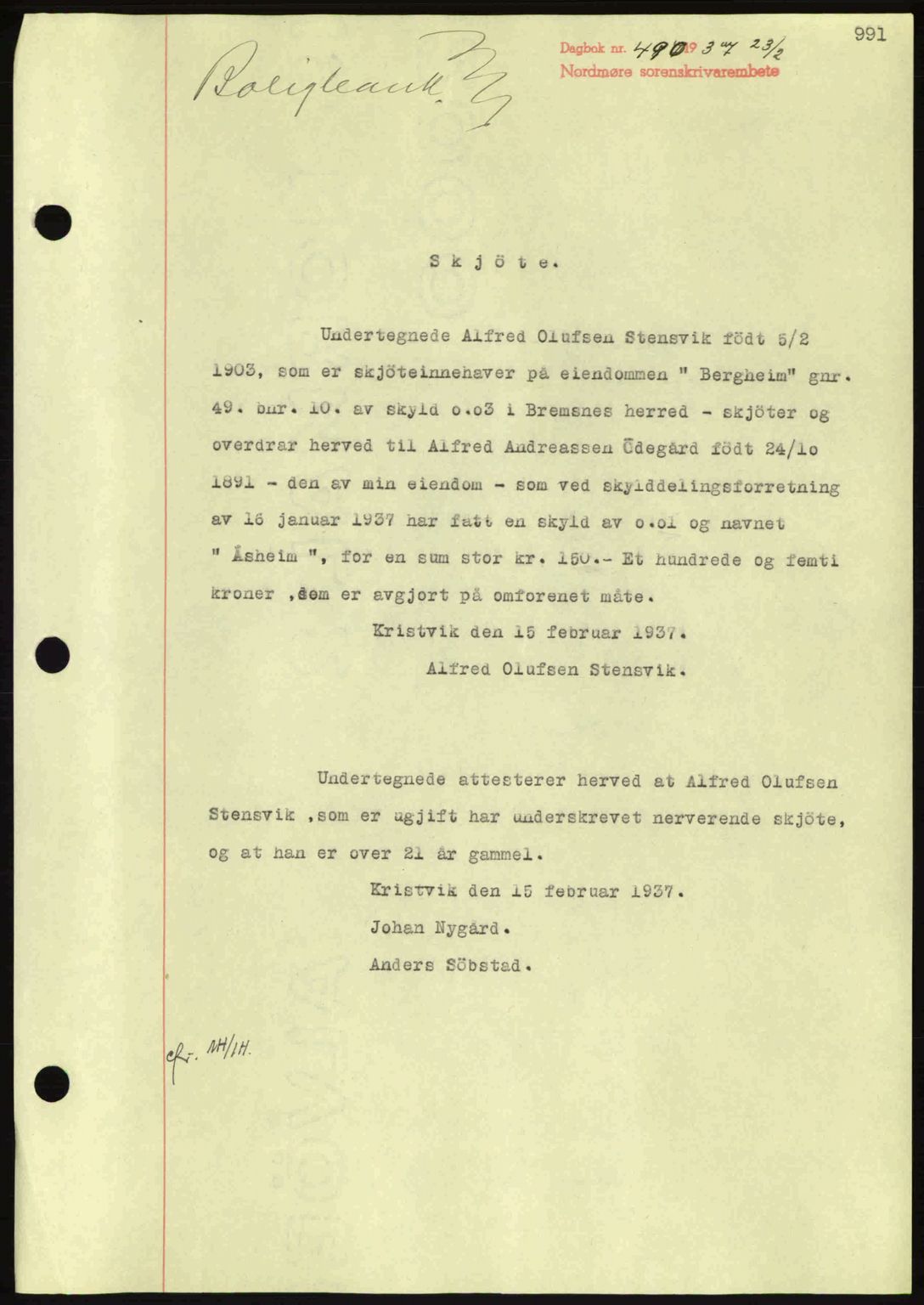 Nordmøre sorenskriveri, AV/SAT-A-4132/1/2/2Ca: Mortgage book no. A80, 1936-1937, Diary no: : 490/1937