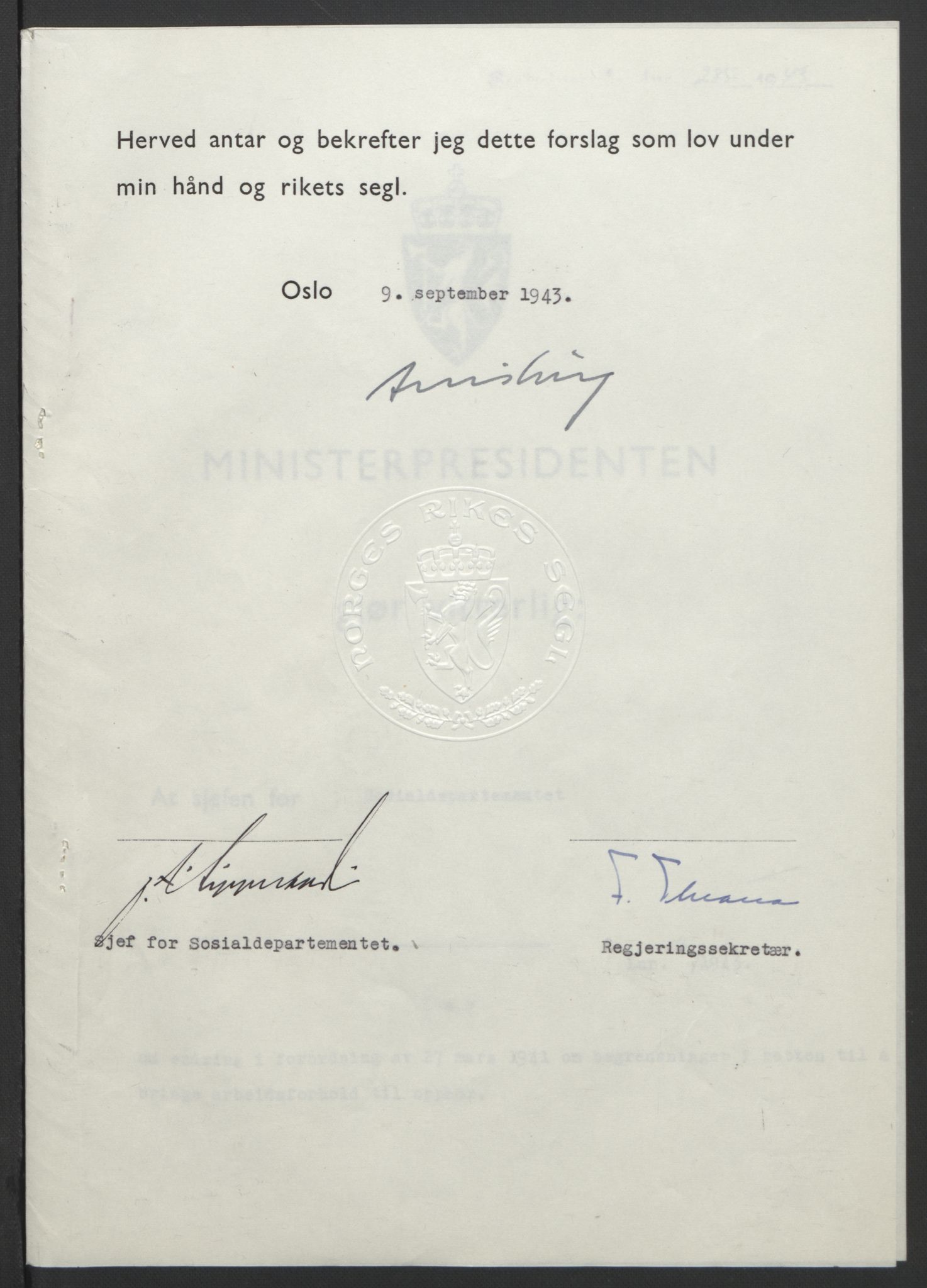 NS-administrasjonen 1940-1945 (Statsrådsekretariatet, de kommisariske statsråder mm), RA/S-4279/D/Db/L0099: Lover, 1943, p. 543