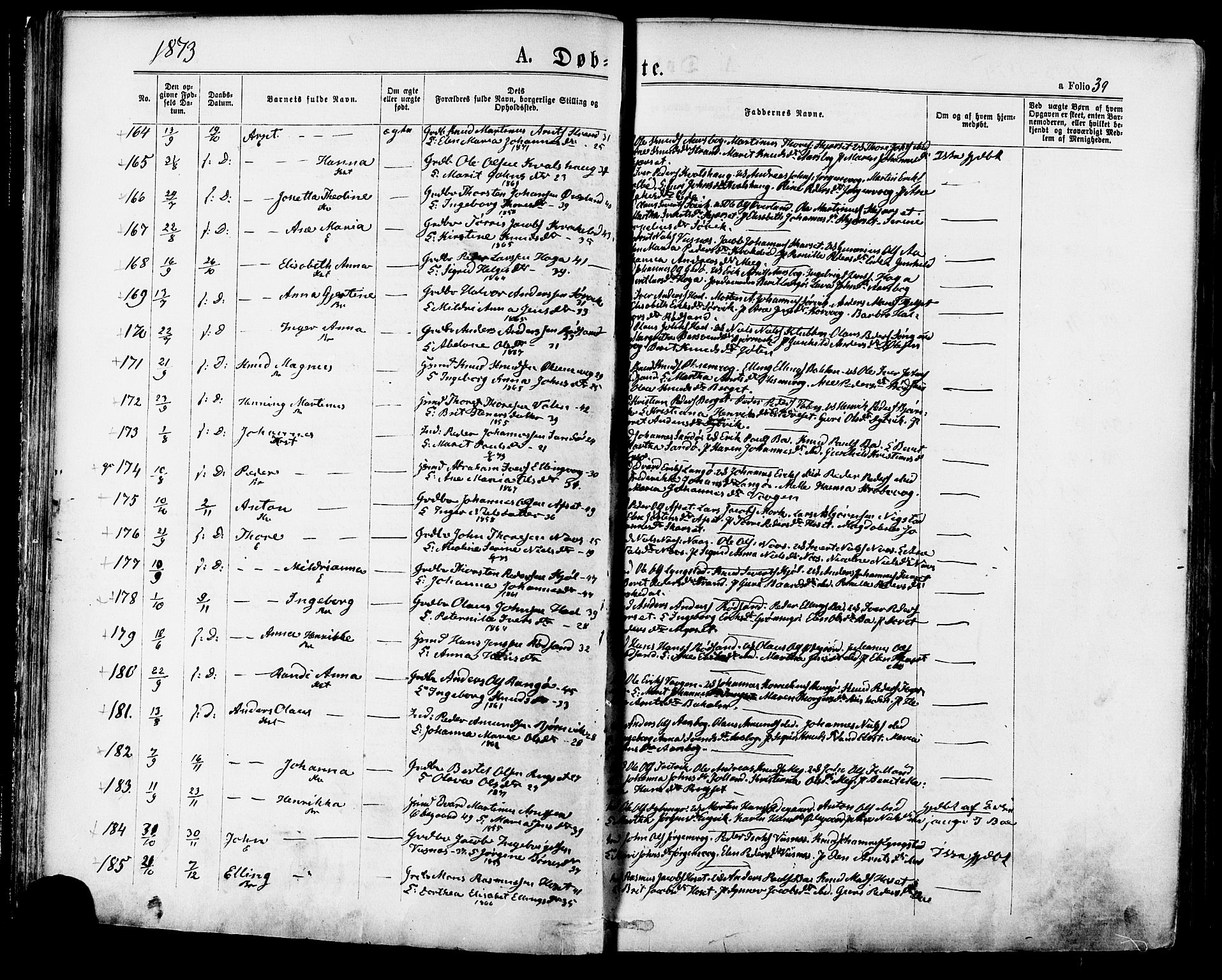 Ministerialprotokoller, klokkerbøker og fødselsregistre - Møre og Romsdal, SAT/A-1454/568/L0805: Parish register (official) no. 568A12 /1, 1869-1884, p. 39