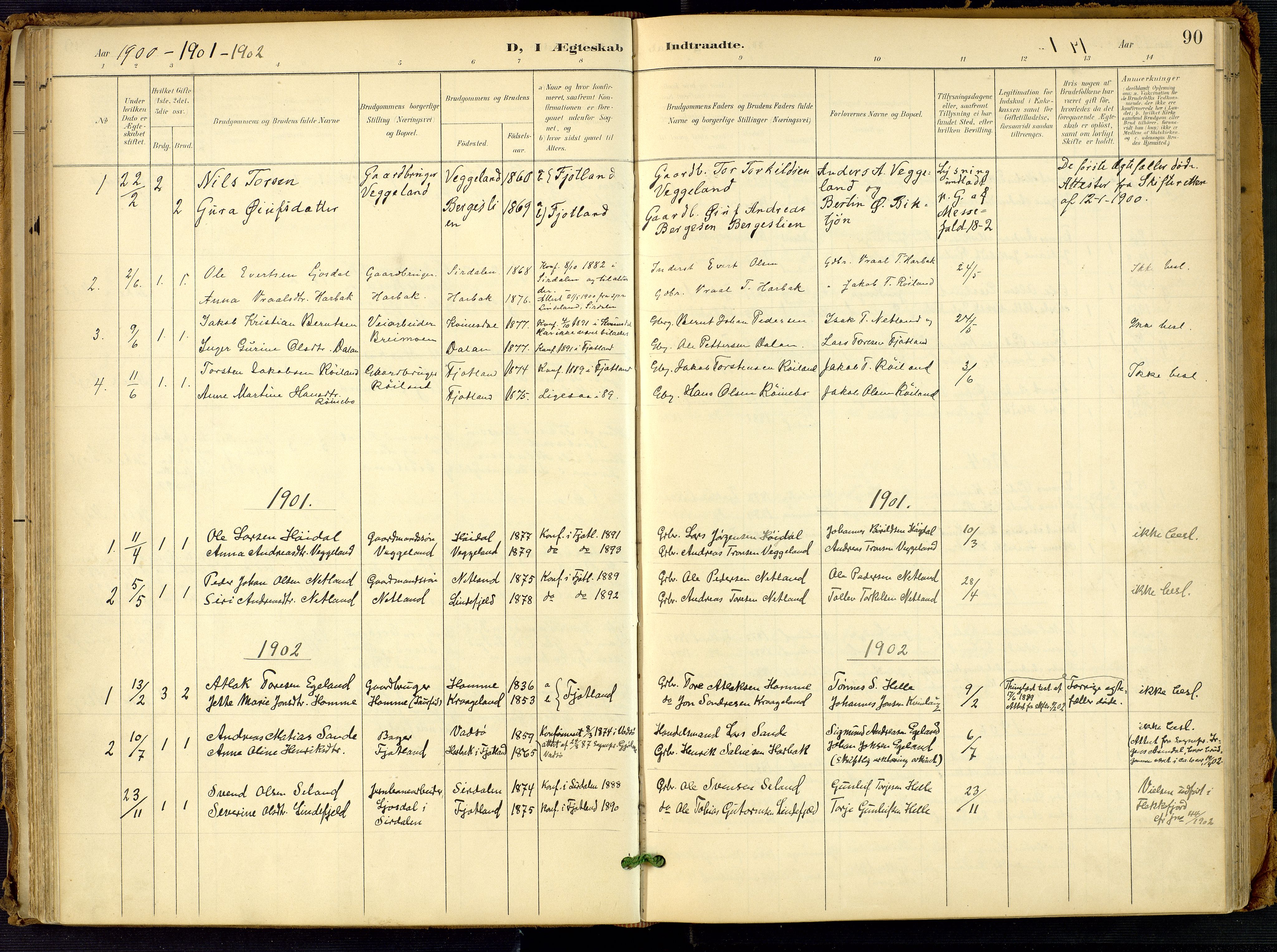 Fjotland sokneprestkontor, SAK/1111-0010/F/Fa/L0003: Parish register (official) no. A 3, 1899-1917, p. 90