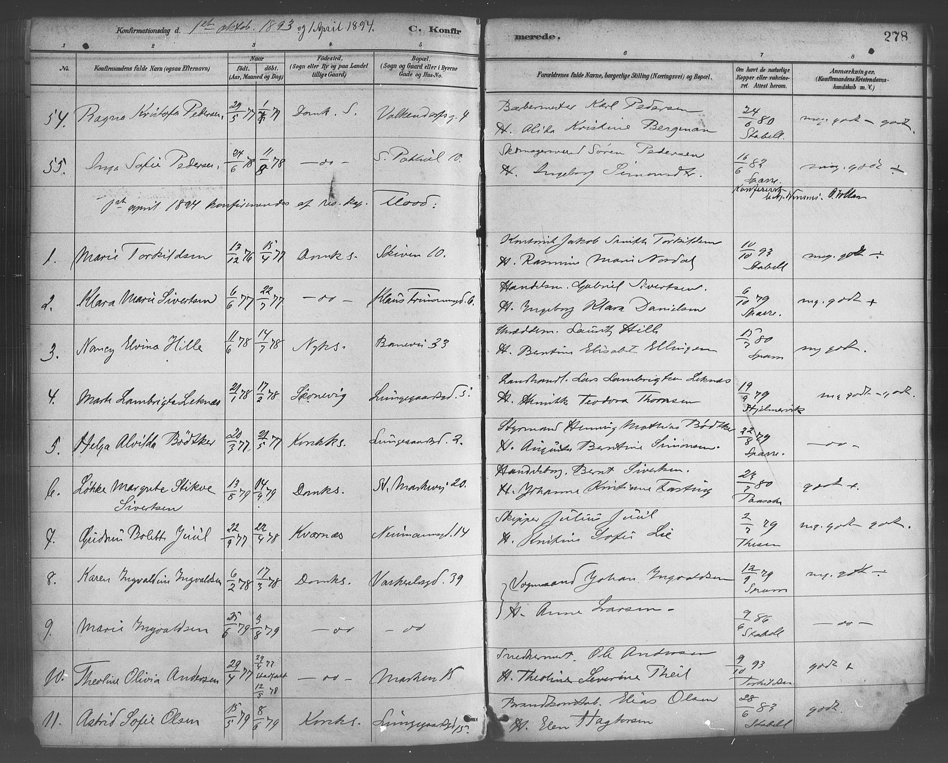 Domkirken sokneprestembete, SAB/A-74801/H/Haa/L0030: Parish register (official) no. C 5, 1880-1898, p. 278