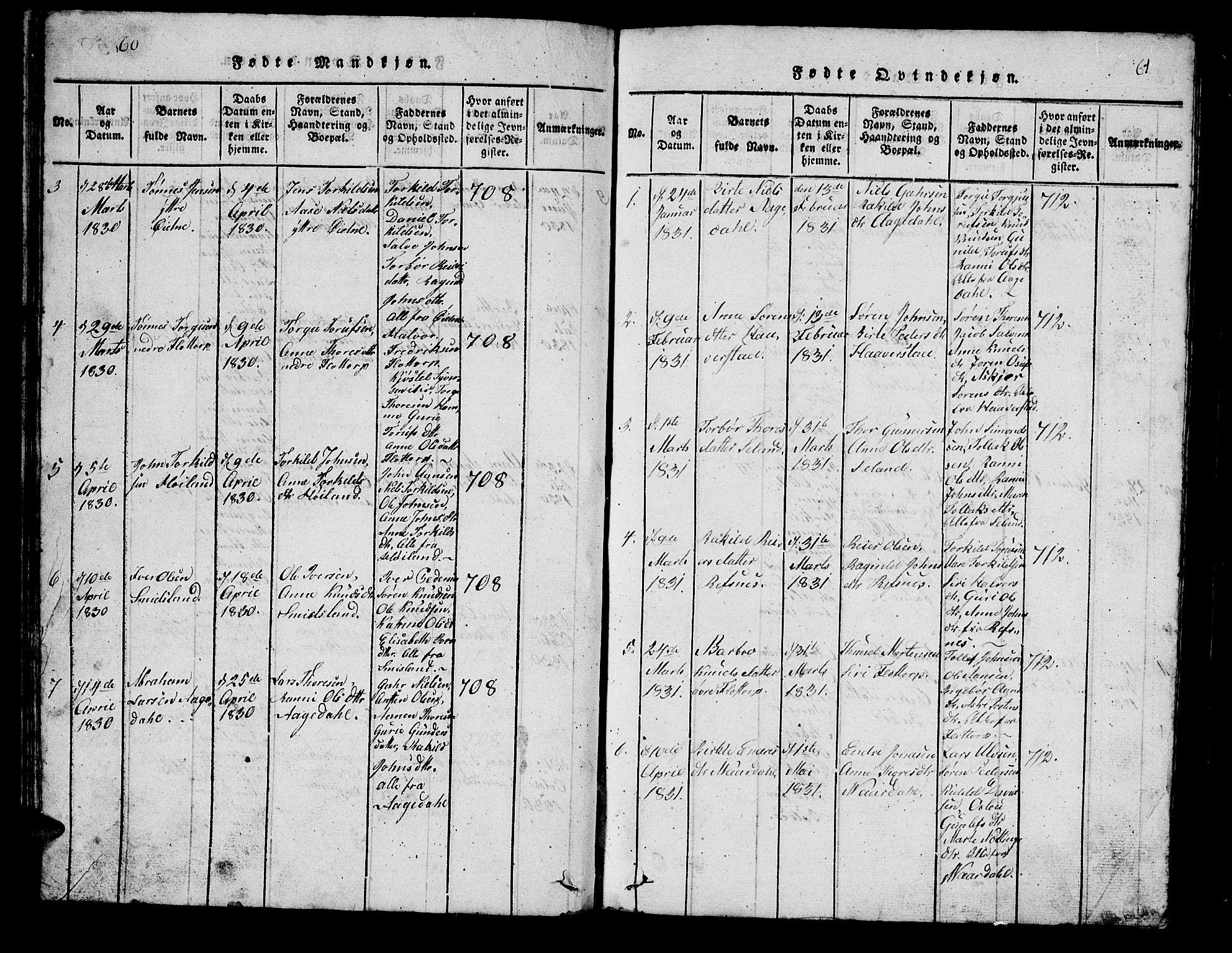 Bjelland sokneprestkontor, AV/SAK-1111-0005/F/Fb/Fbc/L0001: Parish register (copy) no. B 1, 1815-1870, p. 60-61