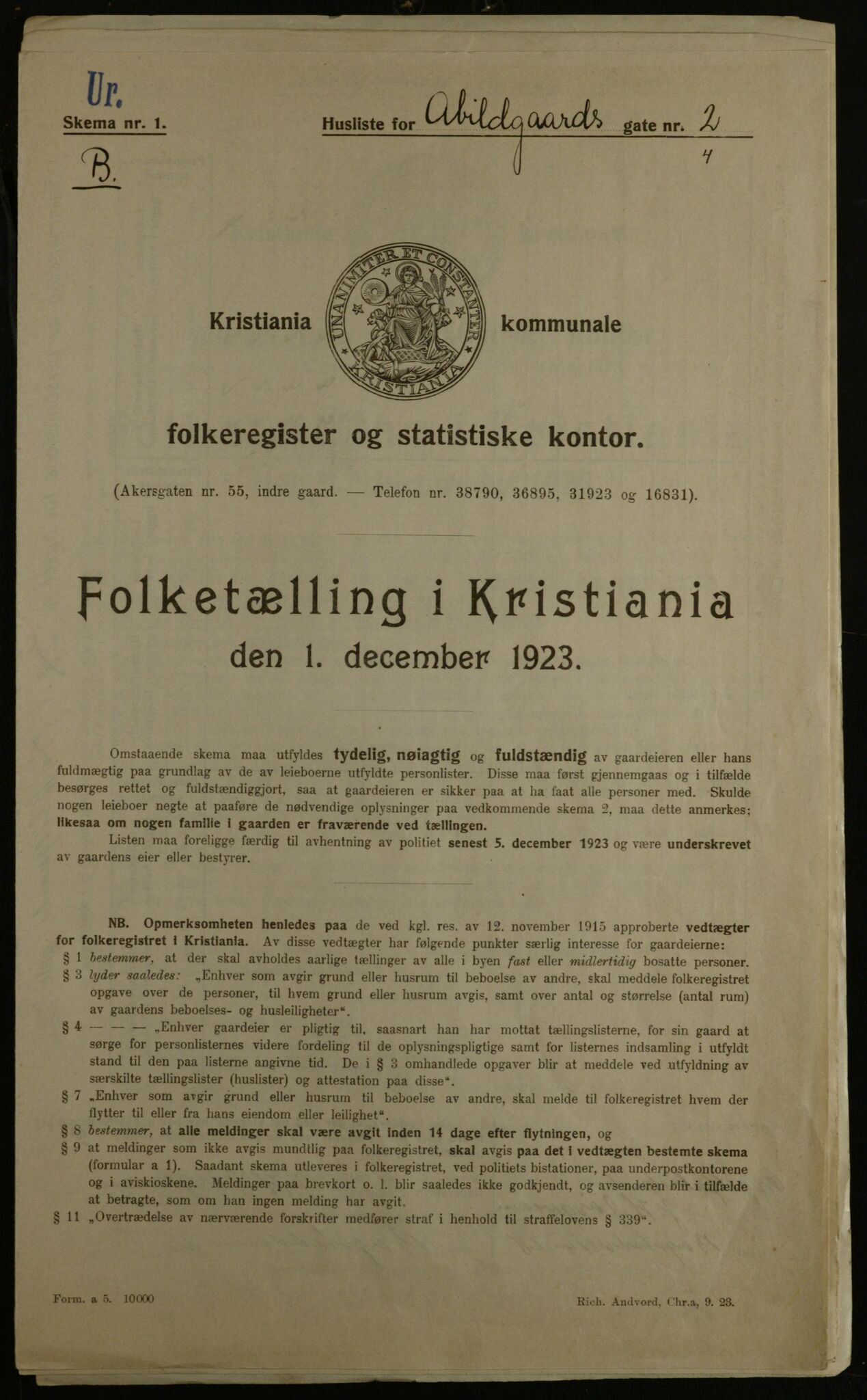 OBA, Municipal Census 1923 for Kristiania, 1923, p. 1