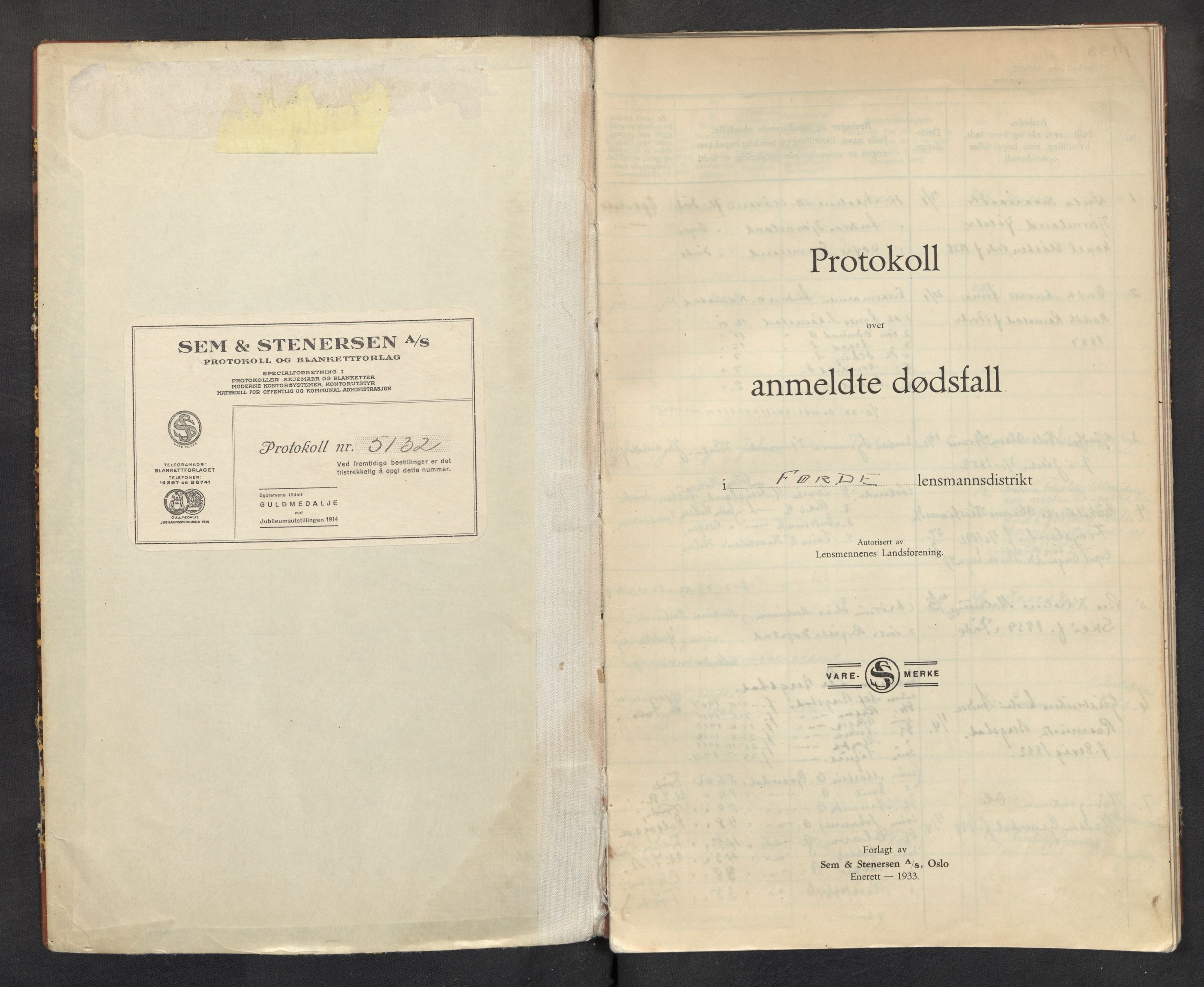 Lensmannen i Førde, SAB/A-27401/0006/L0003: Dødsfallprotokoll, 1933-1941