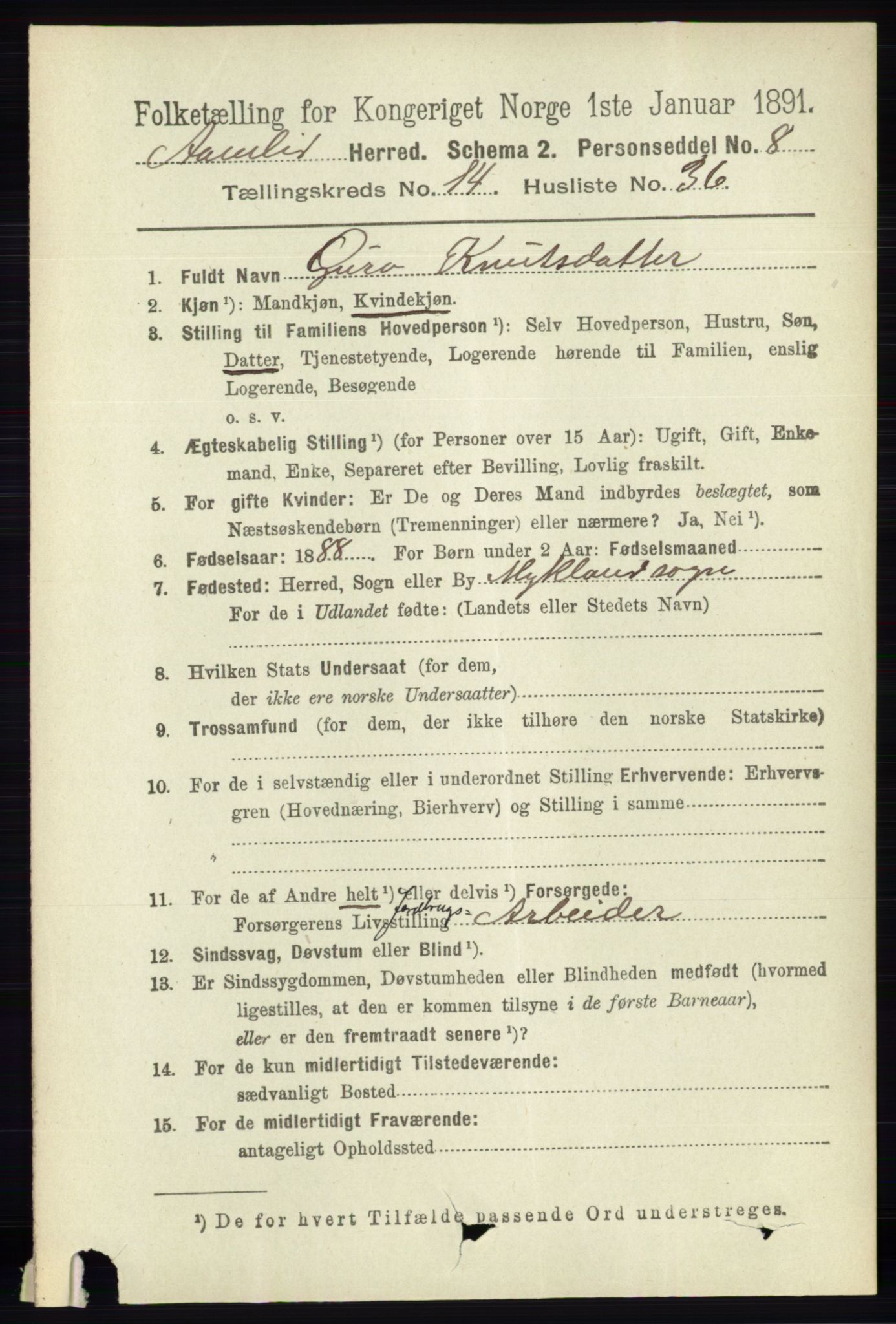 RA, 1891 census for 0929 Åmli, 1891, p. 2515