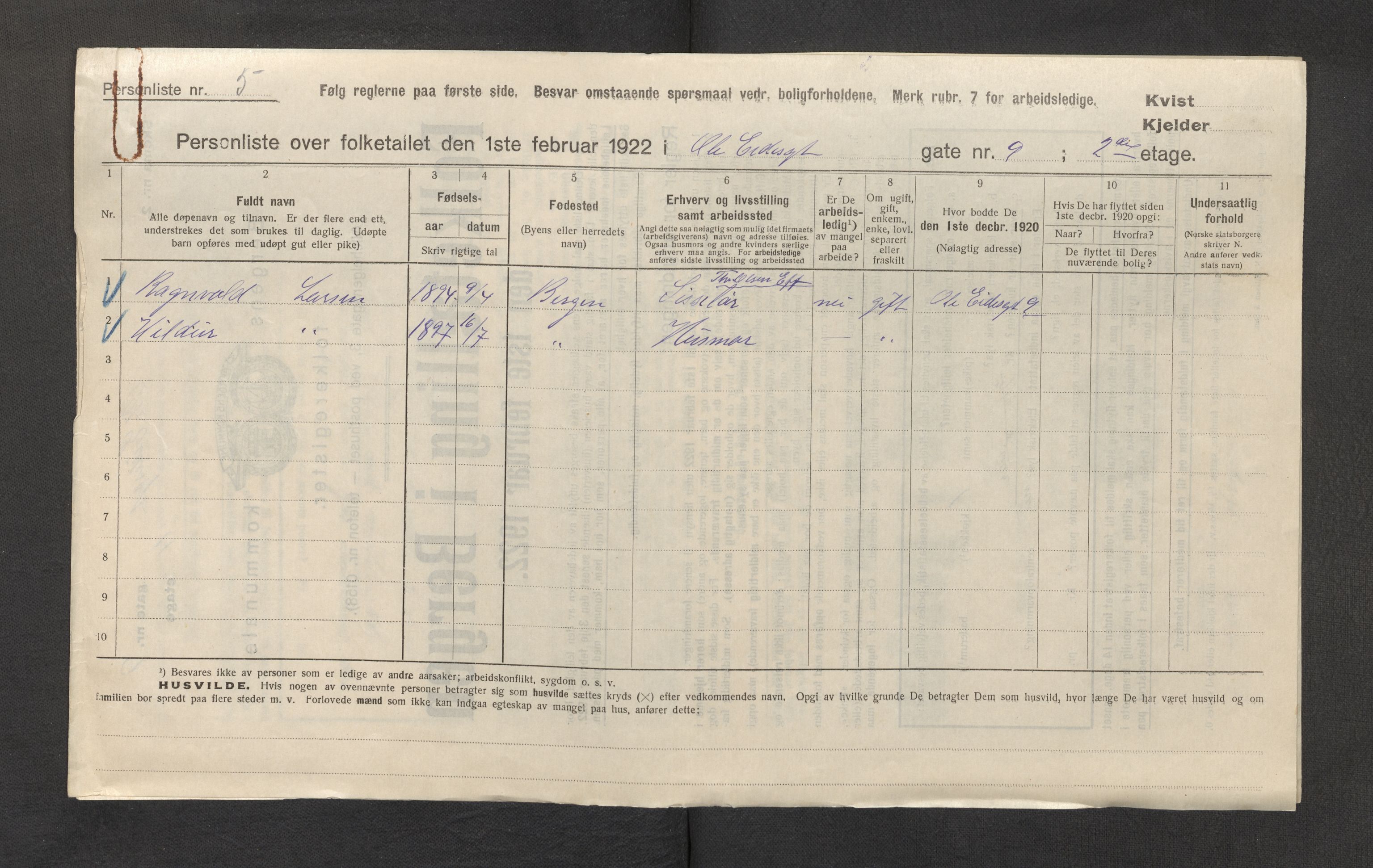 SAB, Municipal Census 1922 for Bergen, 1922, p. 30639