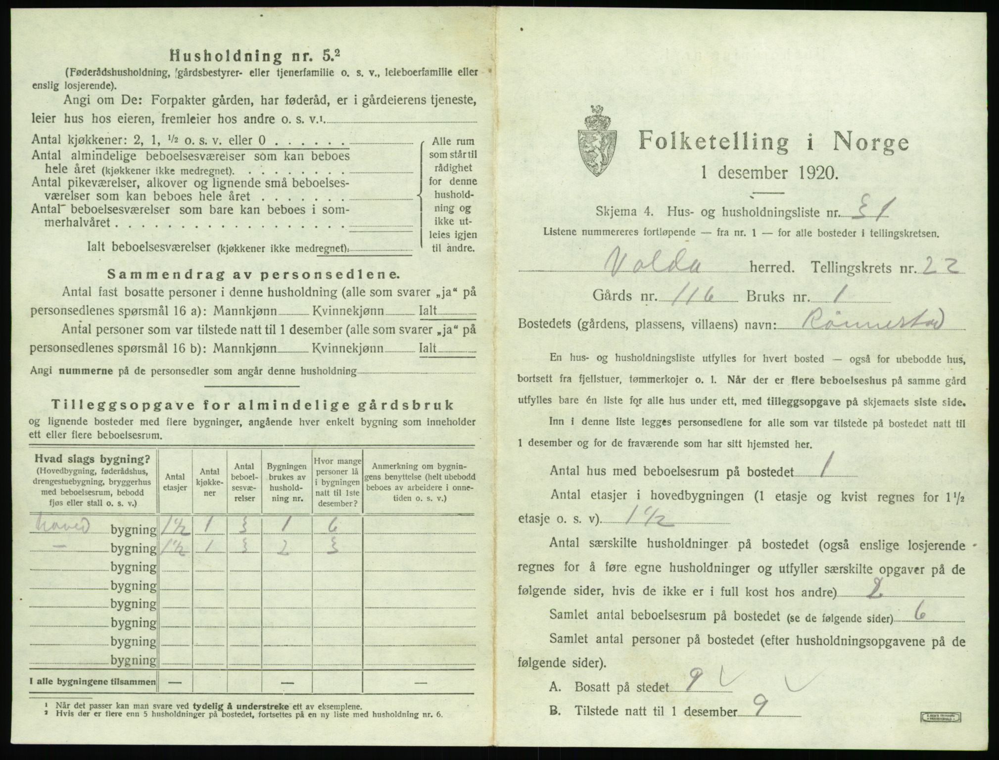 SAT, 1920 census for Volda, 1920, p. 1558