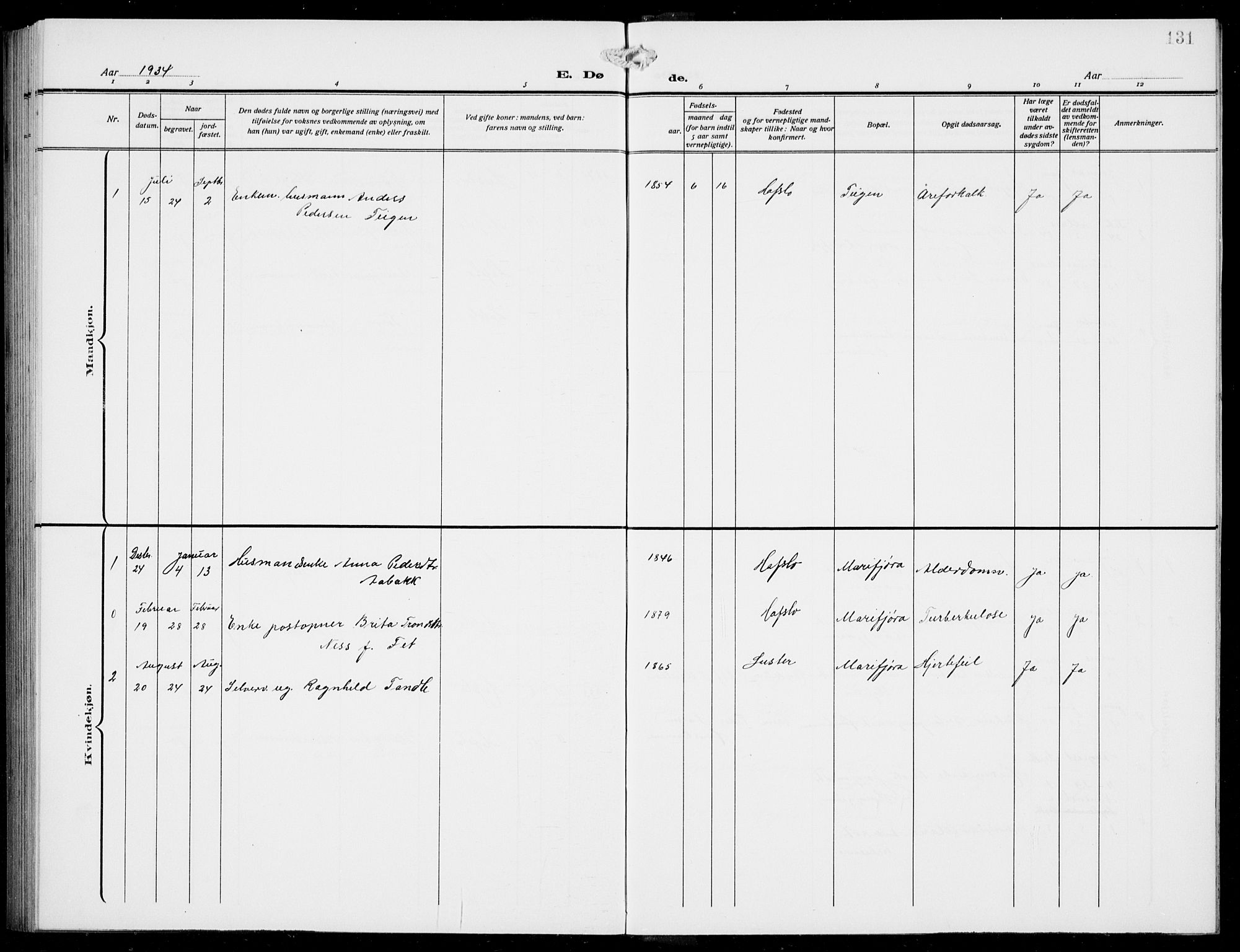 Jostedal sokneprestembete, AV/SAB-A-80601/H/Hab/Habd/L0002: Parish register (copy) no. D 2, 1910-1941, p. 131