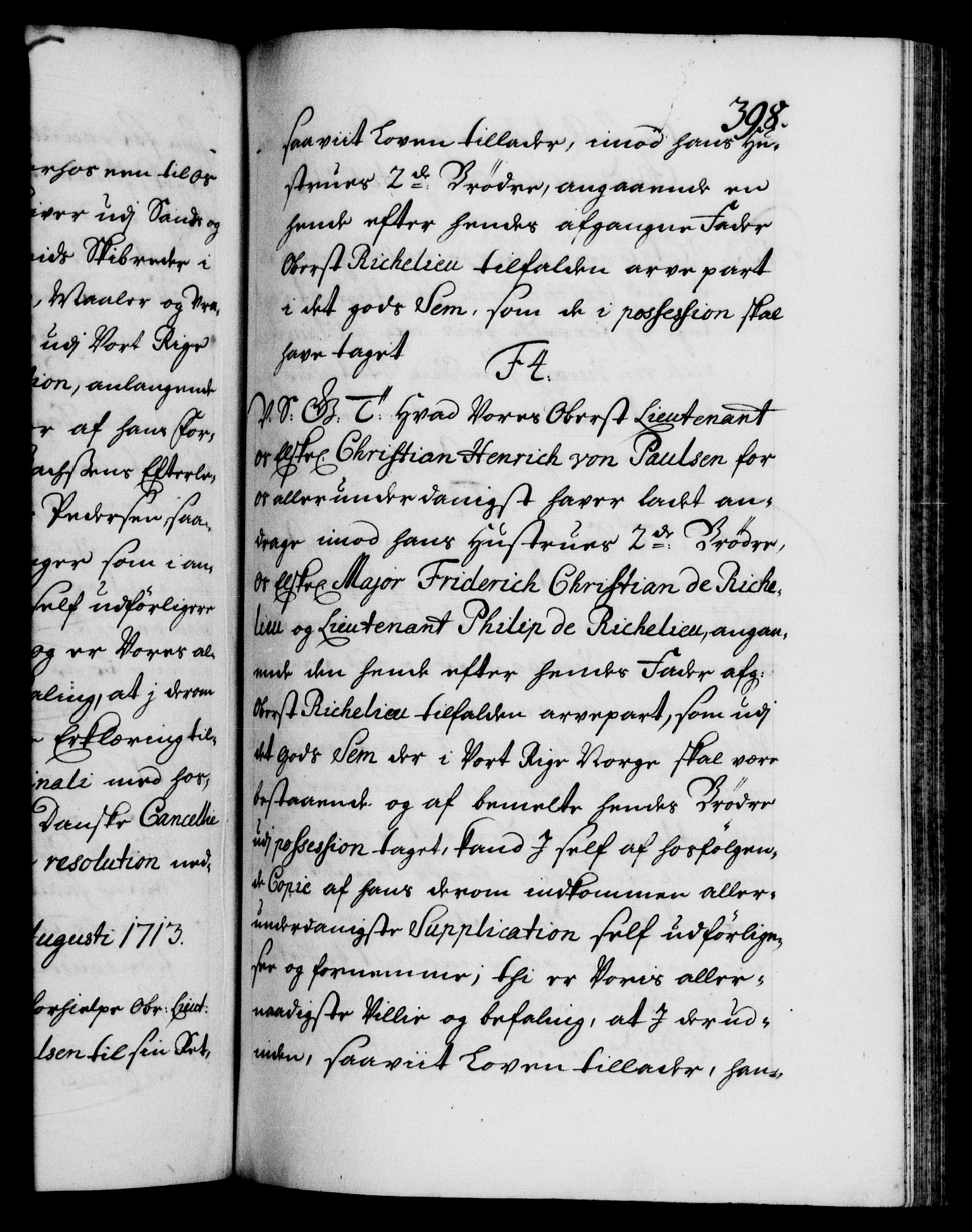 Danske Kanselli 1572-1799, AV/RA-EA-3023/F/Fc/Fca/Fcab/L0019: Norske tegnelser, 1710-1714, p. 398a